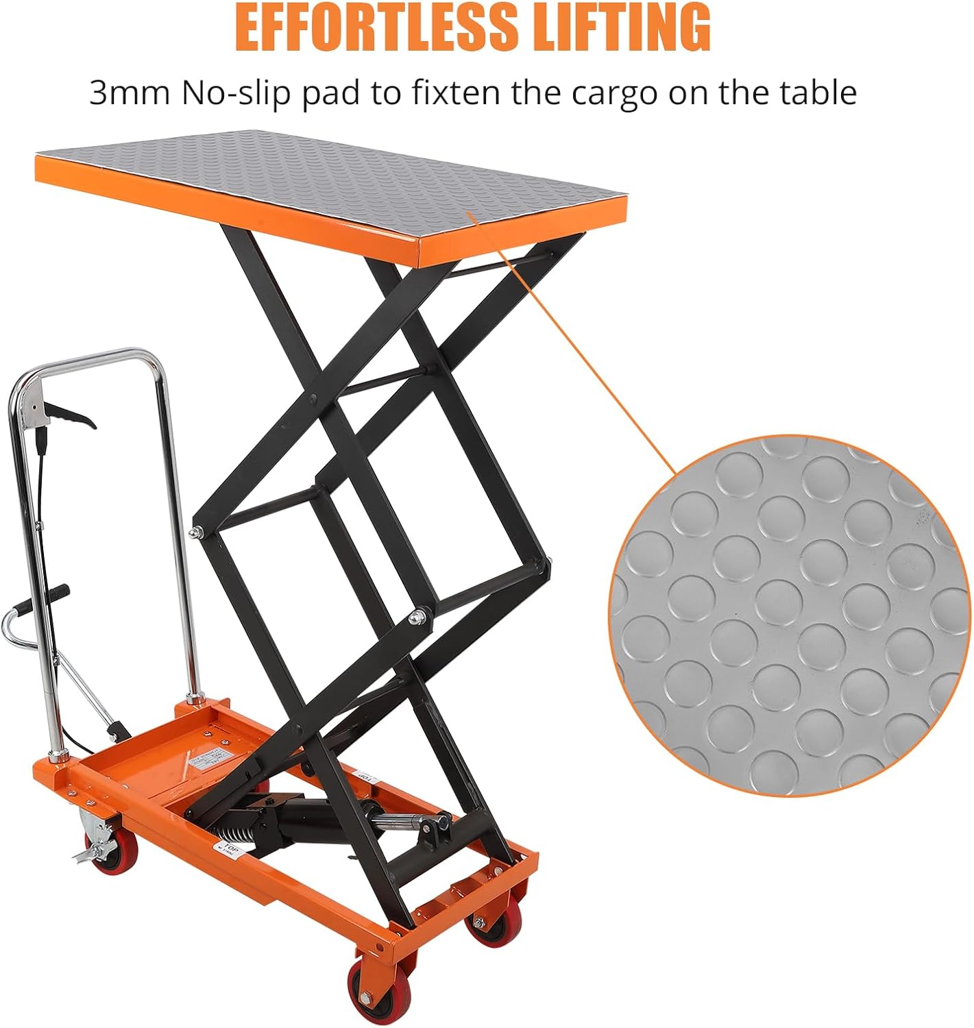 Double Scissor Hydraulic Lift Table Cart - 330 Lbs Capacity, 50" Height, Manual Elevating, 4 Wheels, Non-Slip Pad, Orange - Effortless Lifting, Wide Application, Easy Mobility