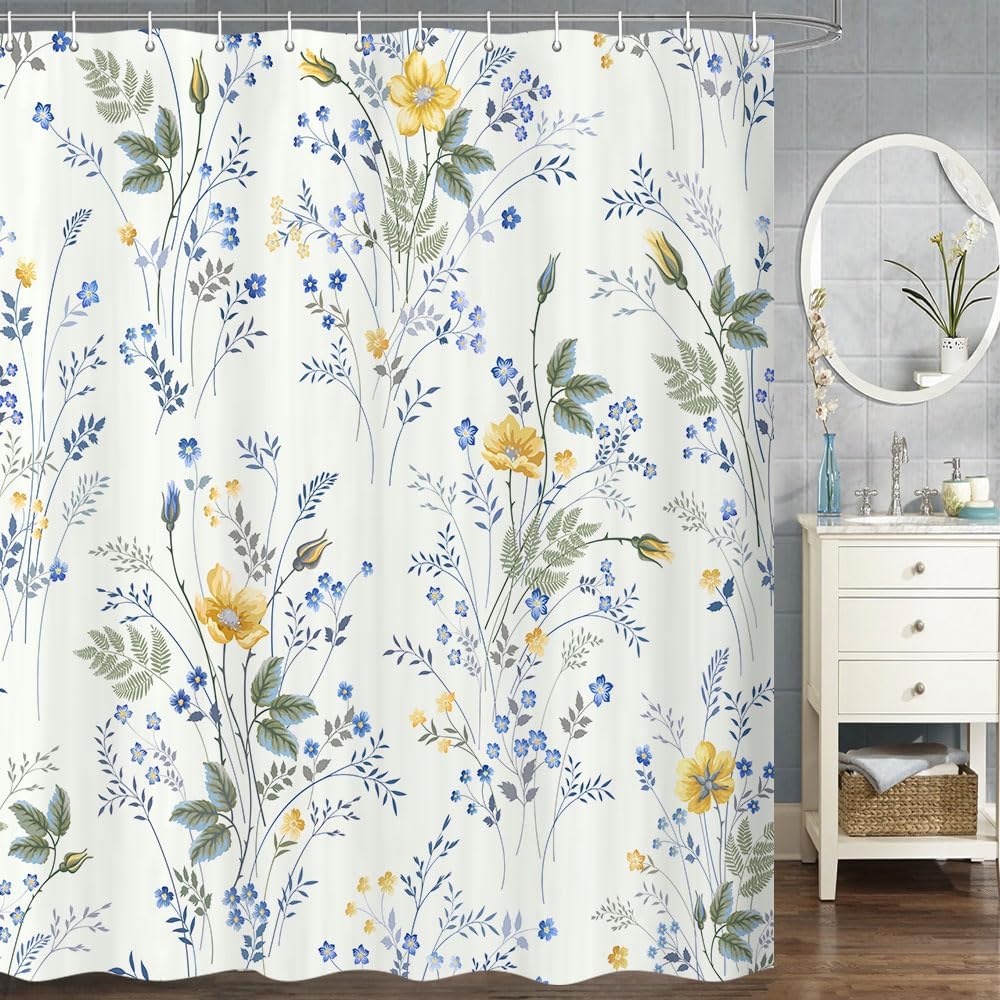Watercolor Floral Shower Curtain, Blue Flowers Modern