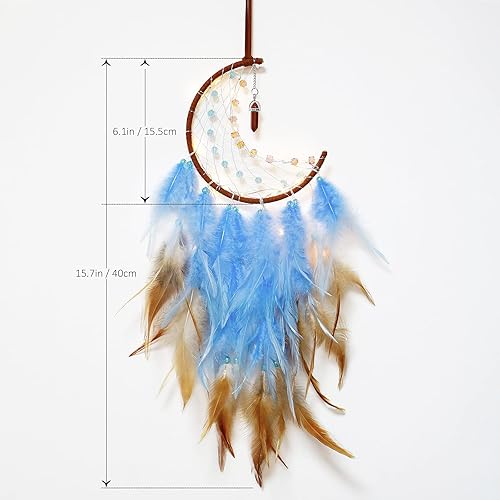Miniatura 4 de Dremisland Atrapasueños de luna con luces de hadas, cuentas colgantes de plumas hechas a mano de turquesa de la suerte, adorno para colgar en la