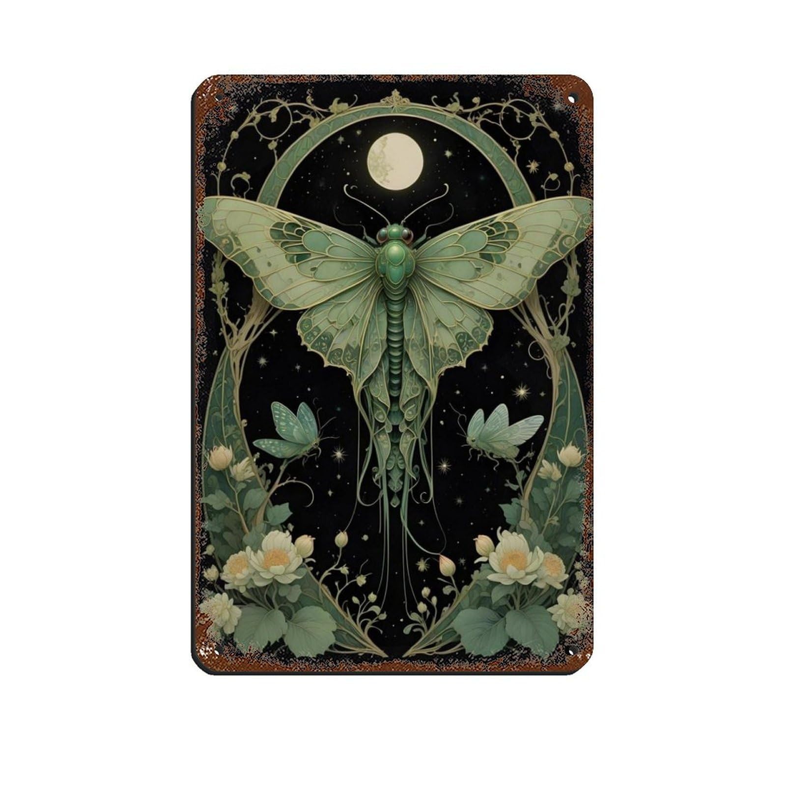 Art Nouveau Green Moth, Vintage Retro Art (2) Retro Poster Metal Tin Sign Chic Art Retro Iron Painting Bar People Cave Cafe Family Garage Poster Wall Decoration 8x12inch(20x30cm)