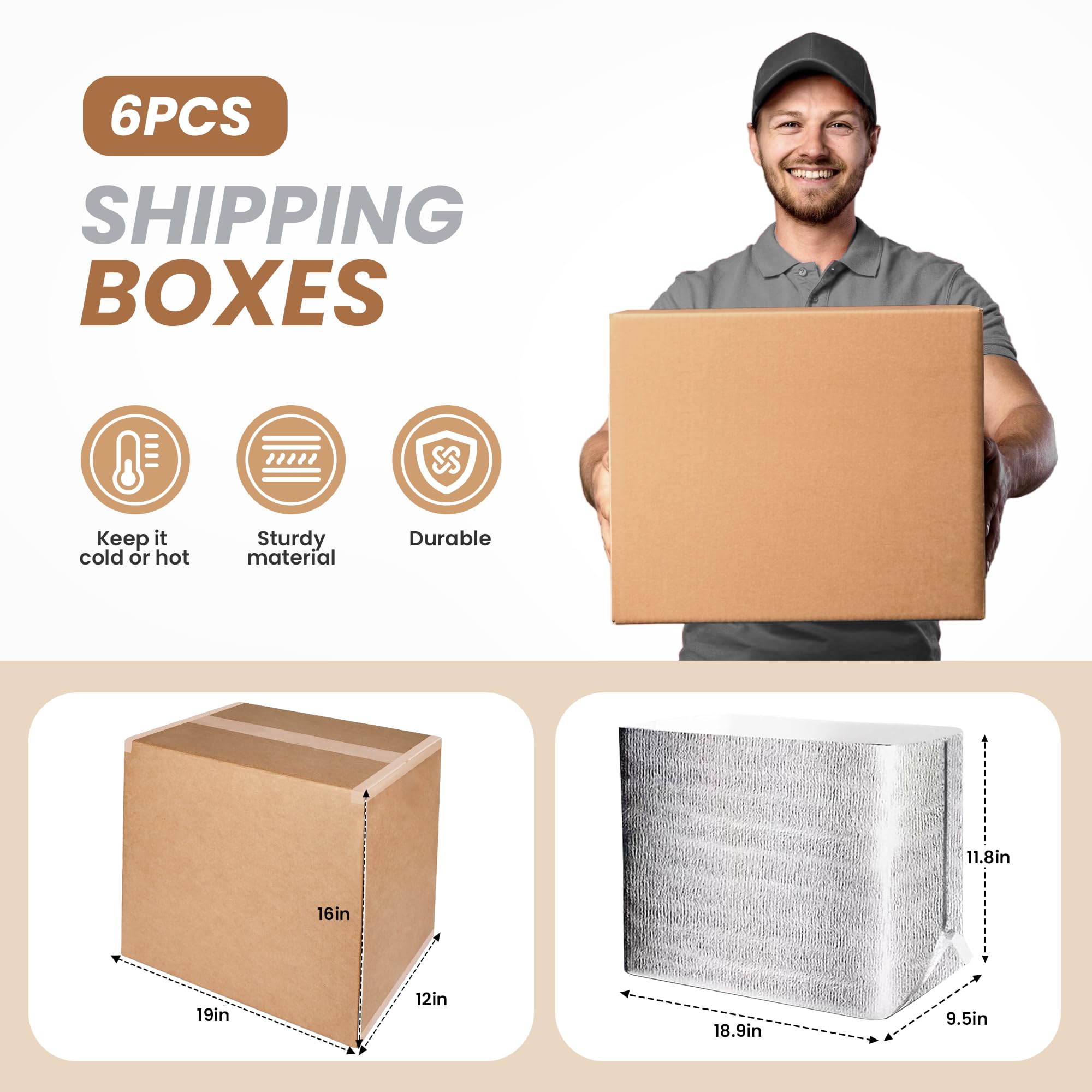 Simple deluxe 6 Pack Insulated Shipping Boxes with Aluminum Foil Liner,Thermal Insulation Cold Pack Shipping Boxes for Frozen, Reusable Styrofoam Cooler Box, Small Mailing Box, 19''x12''x16''