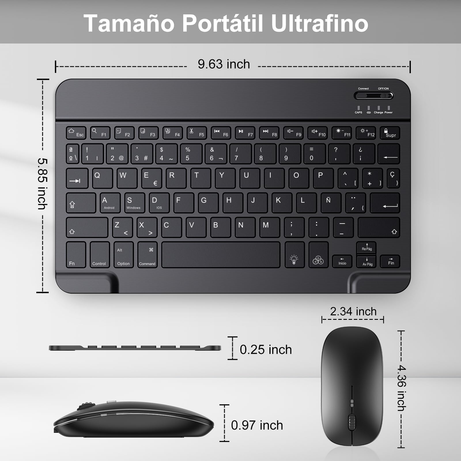 TECURS Set Tastiera e Mouse Wireless Bluetooth, Tastiera e Mouse Portatile Sottile Silenziosa Ricaricabile Retroilluminata per iPad Tablet/PC/iOS/Android/Windows (ES Layout - QWERTY)