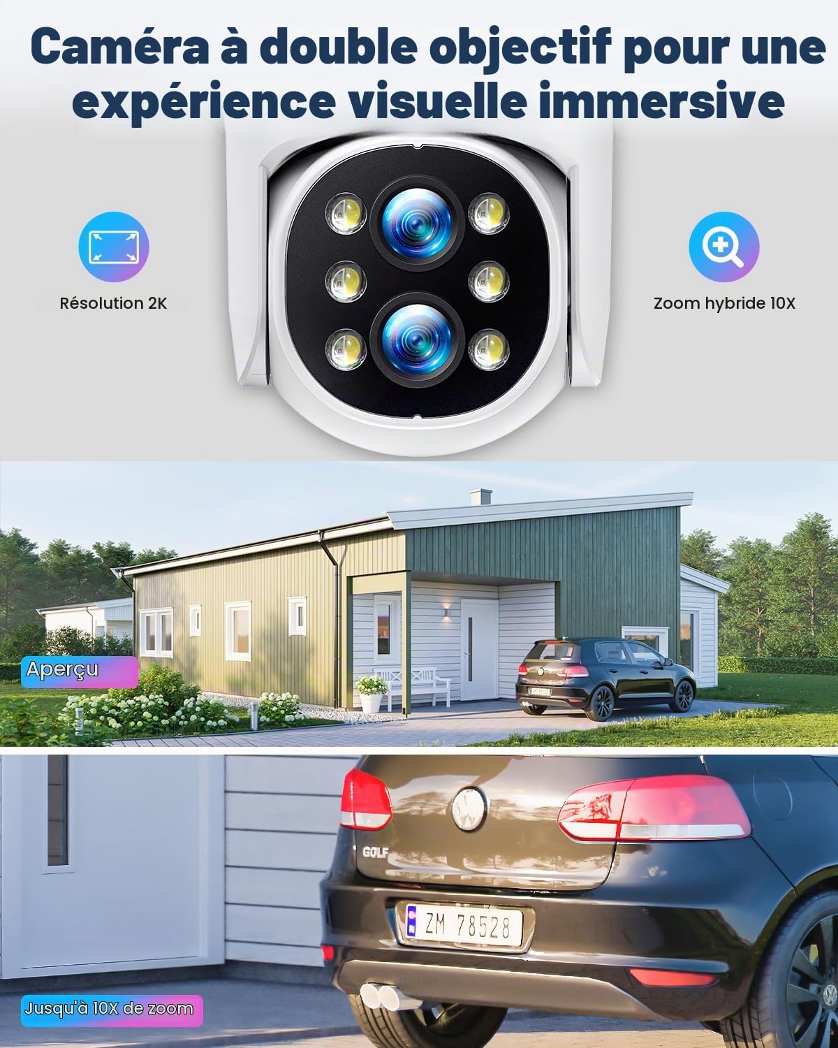 CAMCAMP PTZ Kit Caméra de Surveillance WiFi avec 10" Moniteur, 10CH NVR Kit avec 4X2K Caméra WiFi Exterieure Double-Objectif, 500 Go HDD, Vision Nocturne Couleur,Détection Humaine,Audio Bidirectionnel