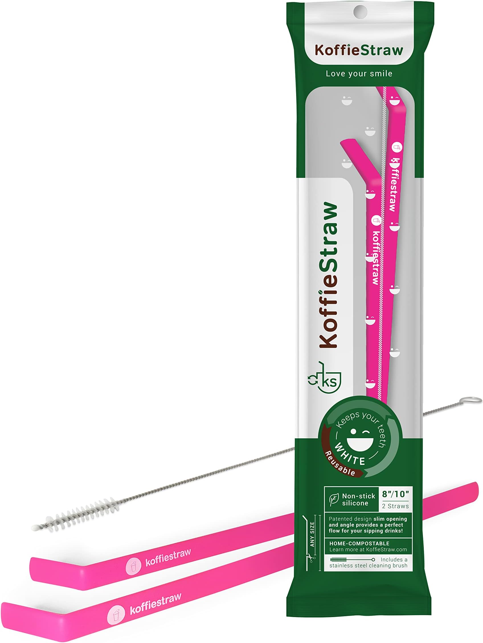Koffie Straw PINK in both sizes (2 straws: 8", 10", and a brush)