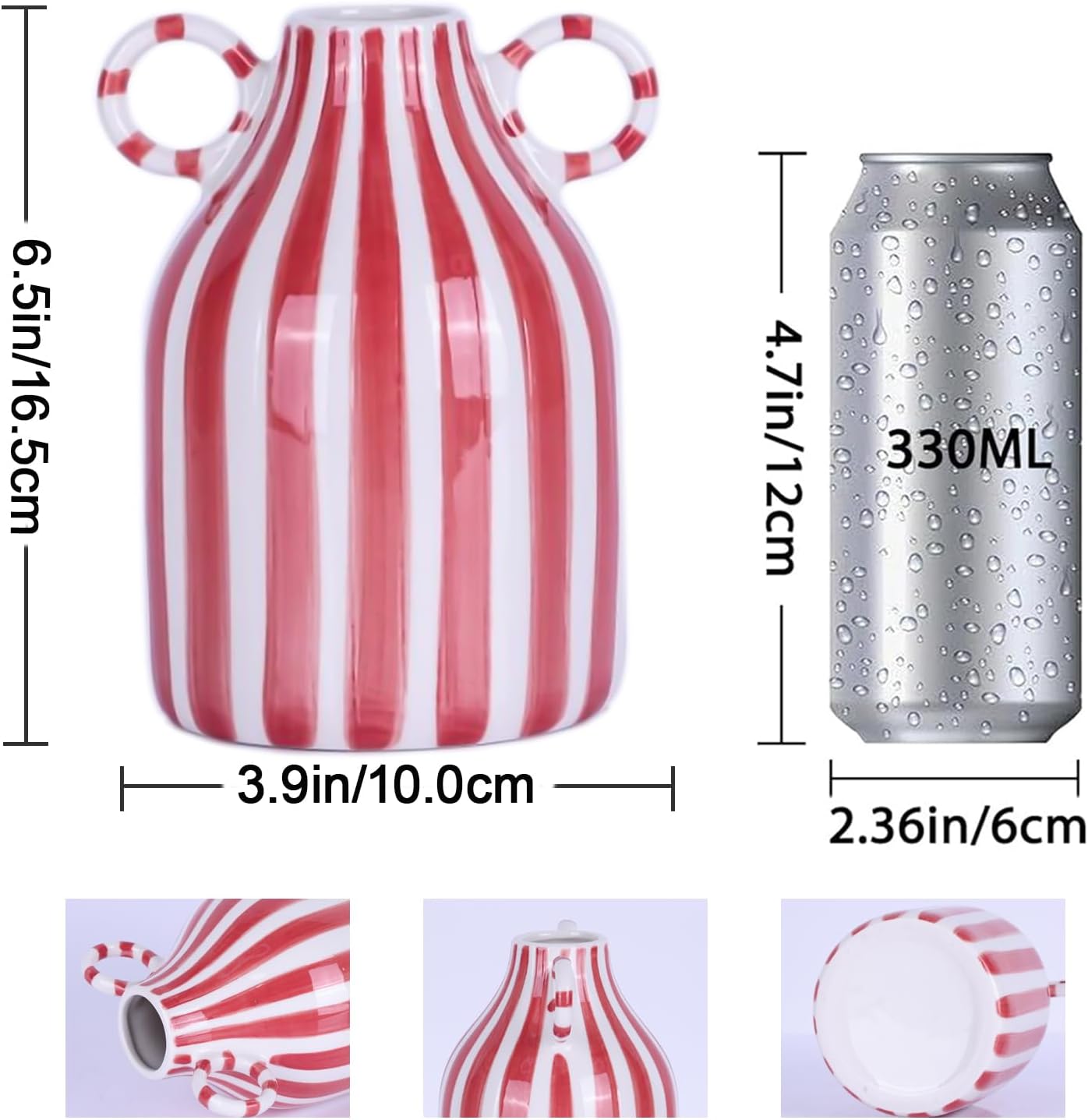 Red and White Ceramic Vase with Handle, Nordic Boho Small Vases Side Table Flower Centerpiece, Wide Mouth Single Flower Vase Pampas Grass Decorative - for Home Window Sill Living Dining Room Kitchen - Image 2