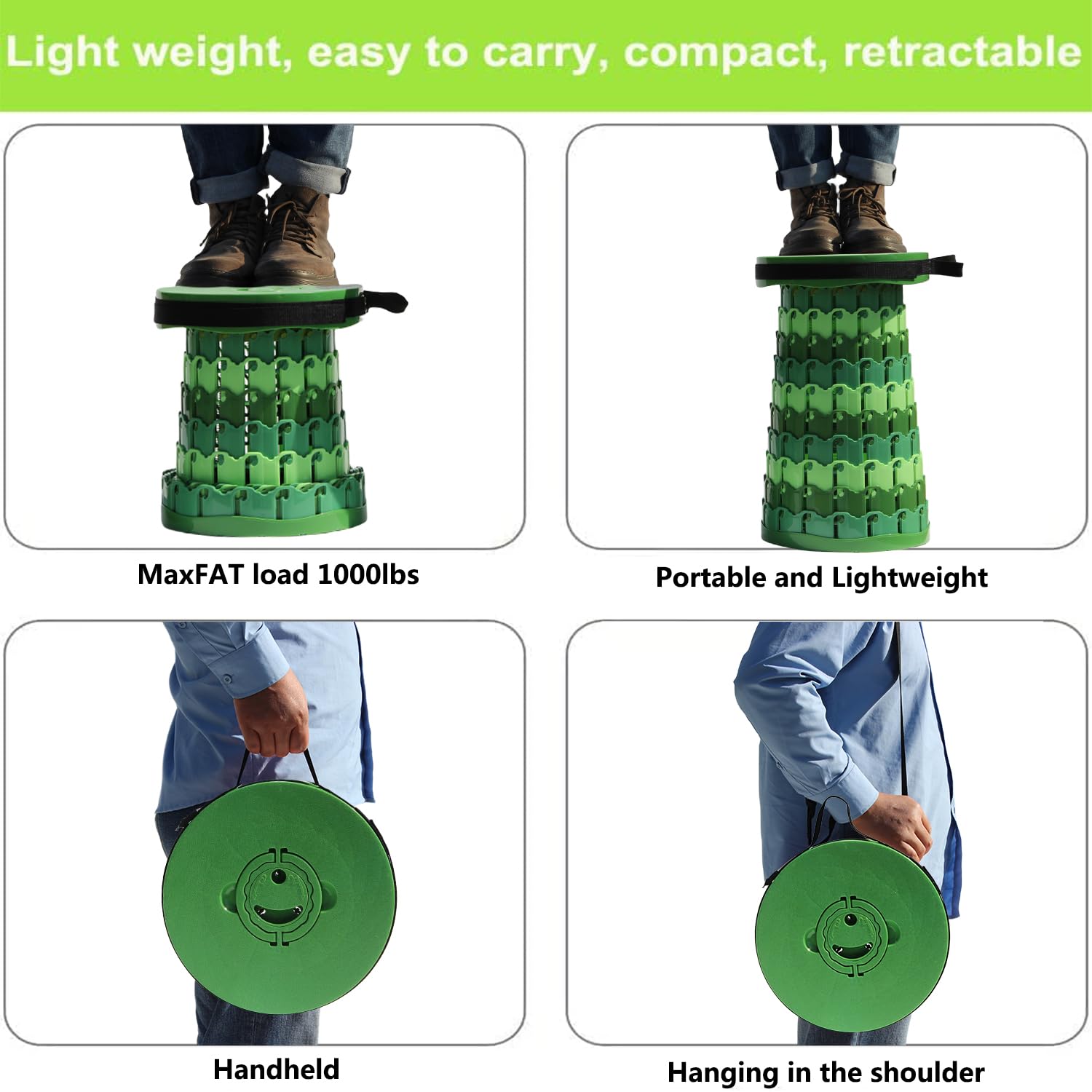 ALEVMOOM Upgraded Thicker Collapsible Sedile Telescopico con Cuscino, Sedile Ripiegabile per Adulti Esterno per il Campeggio e la Pesca, Altezza Massima 19,7" Capacità di Carico 1000 lbs (Bambù Verde)