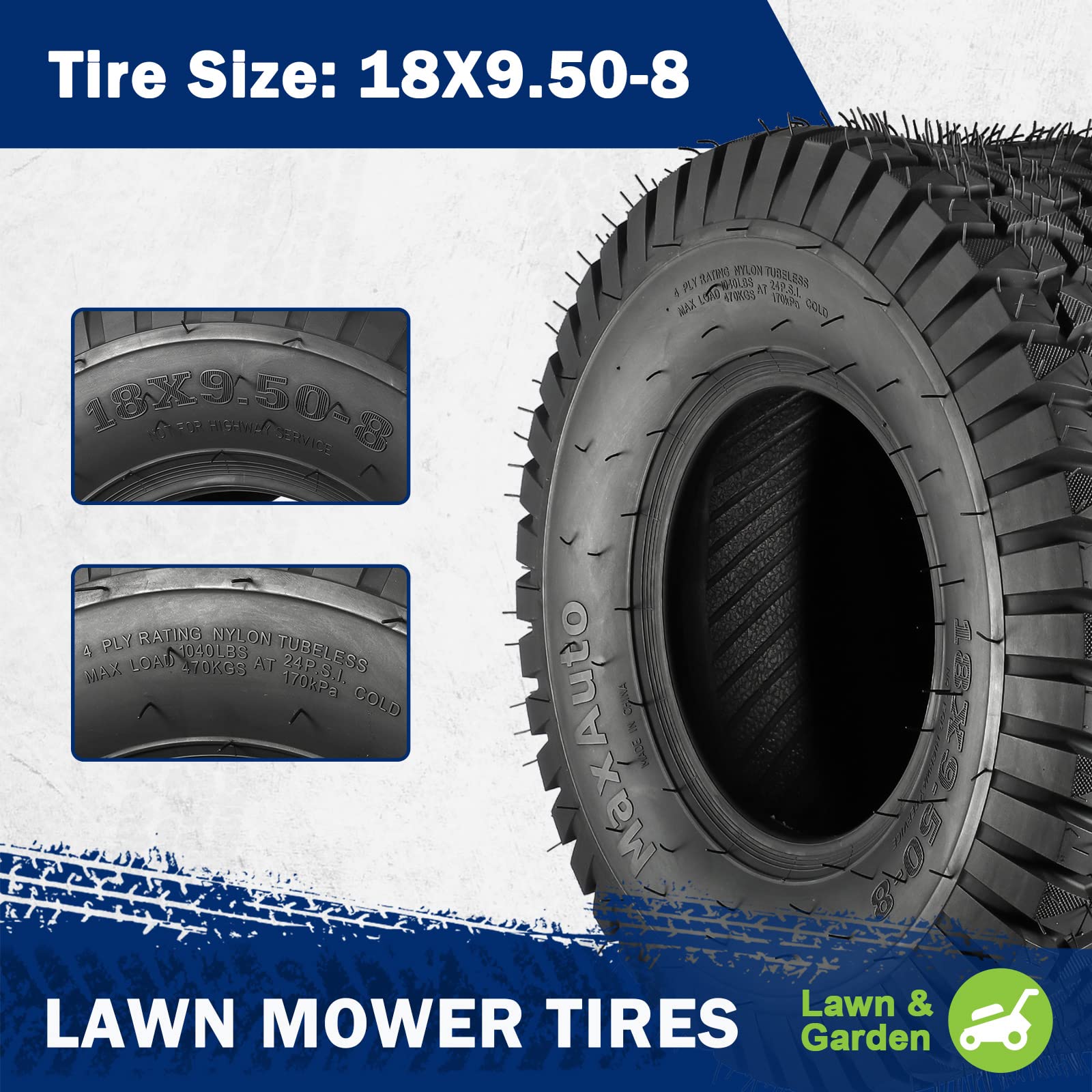 MaxAuto FOX V1 18x9.50-8 Lawn Mower Tires, Patent Design Fox V1