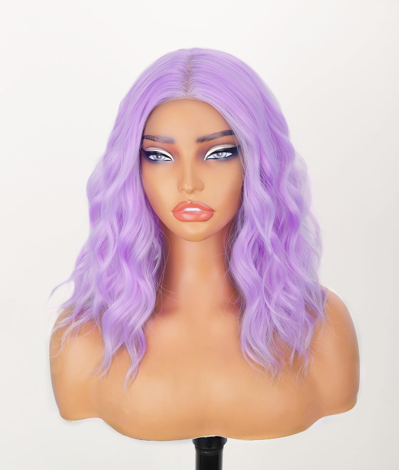 AISI HAIR 14 Inch Light Purple Wigs for Women - Shoulder Length Wave Wig with Pre-Cut Lace Hairline, Middle Part Natural Wavy Bob Synthetic Heat Resistant Fiber for Daily and Party