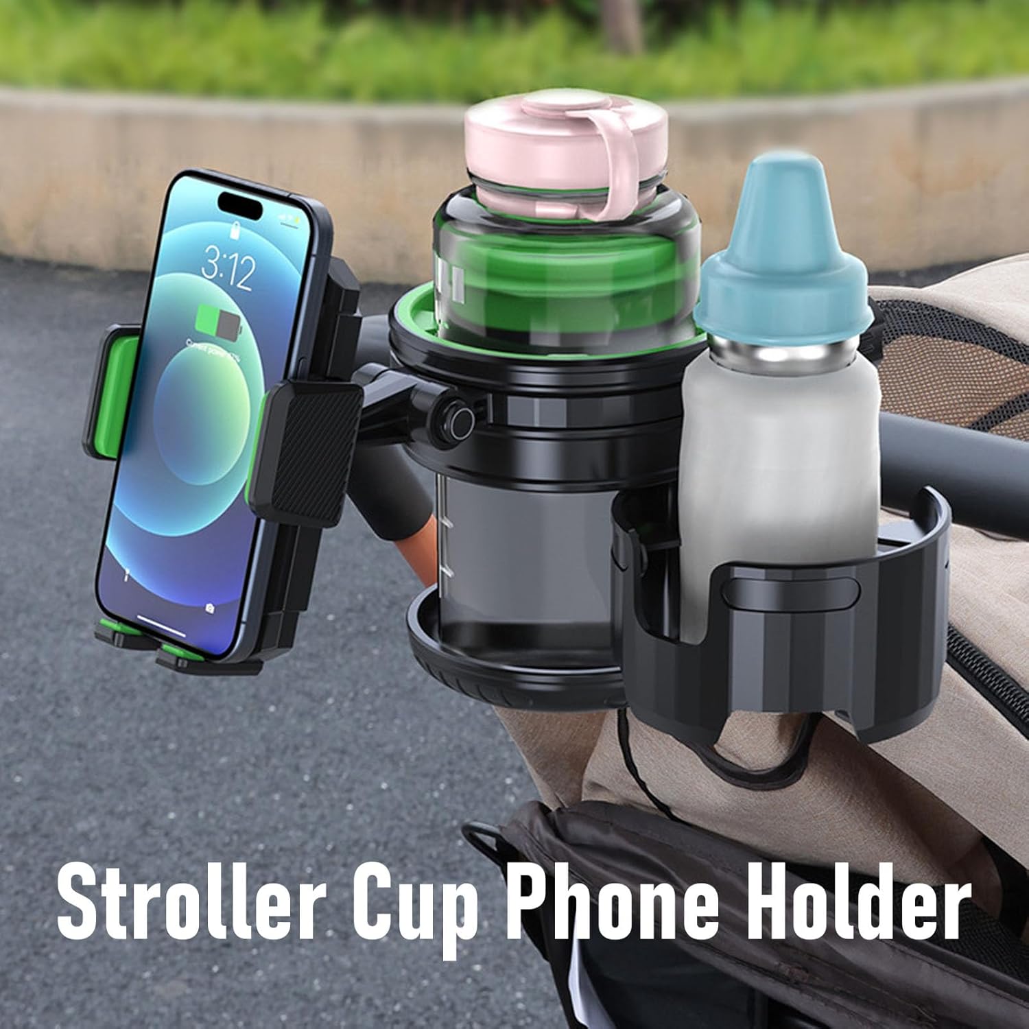 Yoidesu Stroller Cup Phone Holder, 360Rotatable Foldable Stroller Water Bottle Holder, Universal Cup Mount Secures Drinks for Walker, Wheelchair, Bike