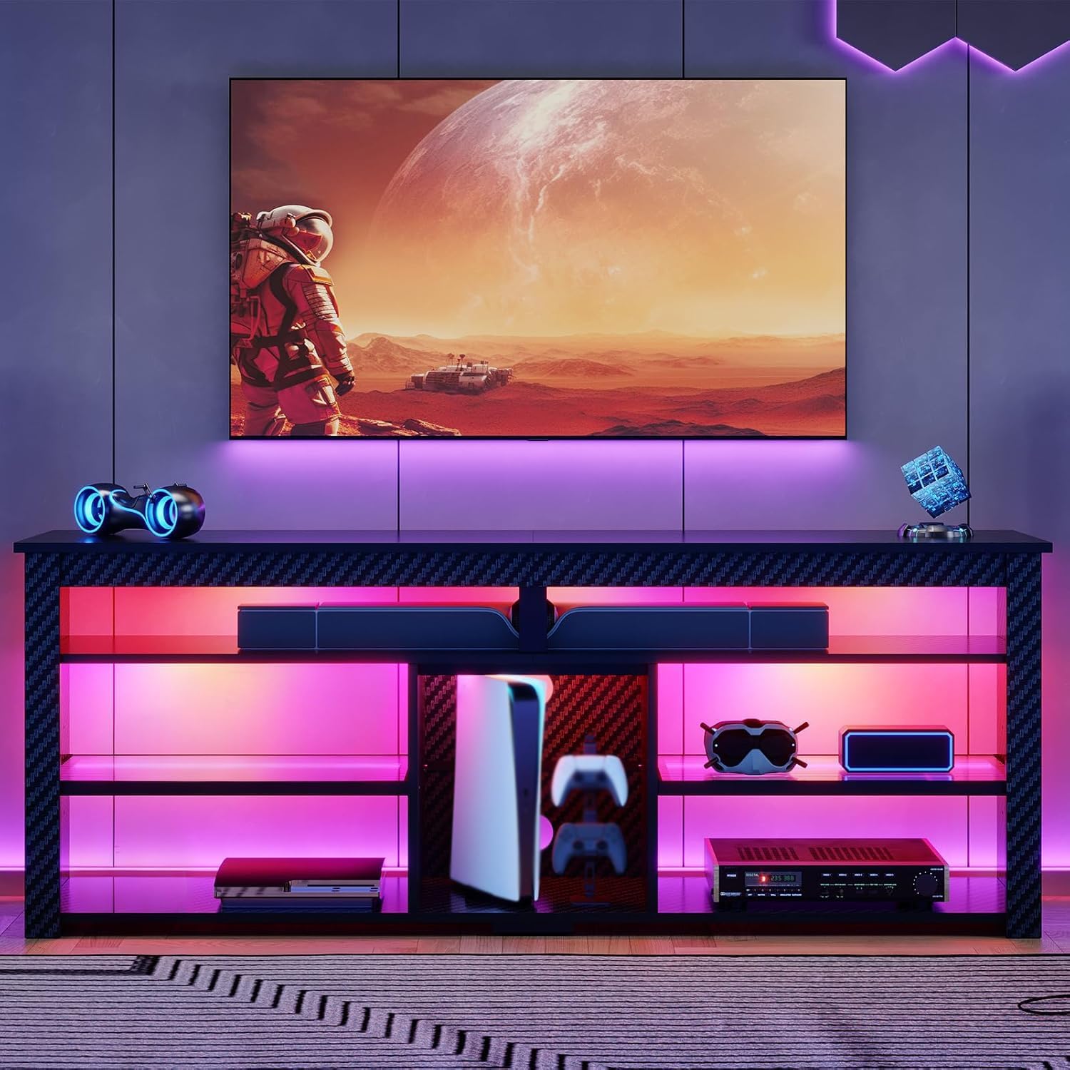 Bestier TV Stand for 70 inch TV, Tall Entertainment Center with 2 Led Lights, Gaming TV Console with Storage for PS5, Modern TV Cabinet for Bedroom, Living Room, Black Carbon Fiber - Image 2