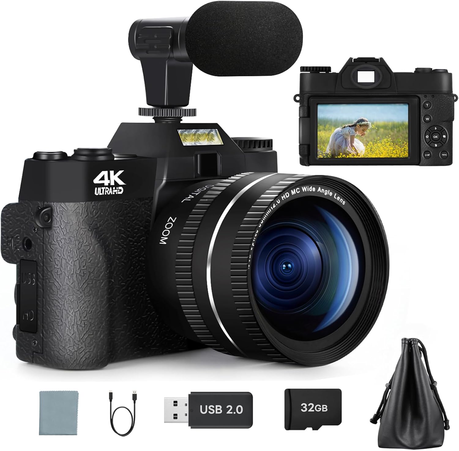 Digital Cameras for Photography, 4K 48MP Vlogging Camera for YouTube, 16X Digital Zoom Auto Focus, Rechargeable Student Compact Video Camera with Wide-Angle & Macro Lens, 32G TF Card & 2 Batteries
