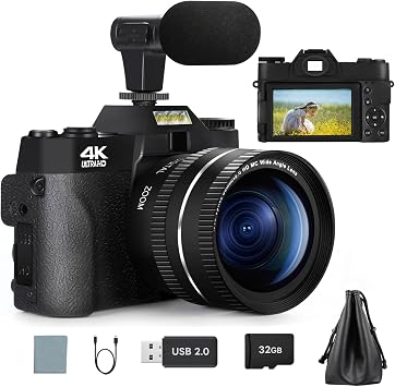 Digital Cameras for Photography, 4K 48MP Vlogging Camera for YouTube, 16X Digital Zoom Auto Focus, Rechargeable Student Compact Video Camera with Wide-Angle & Macro Lens, 32G TF Card & 2 Batteries