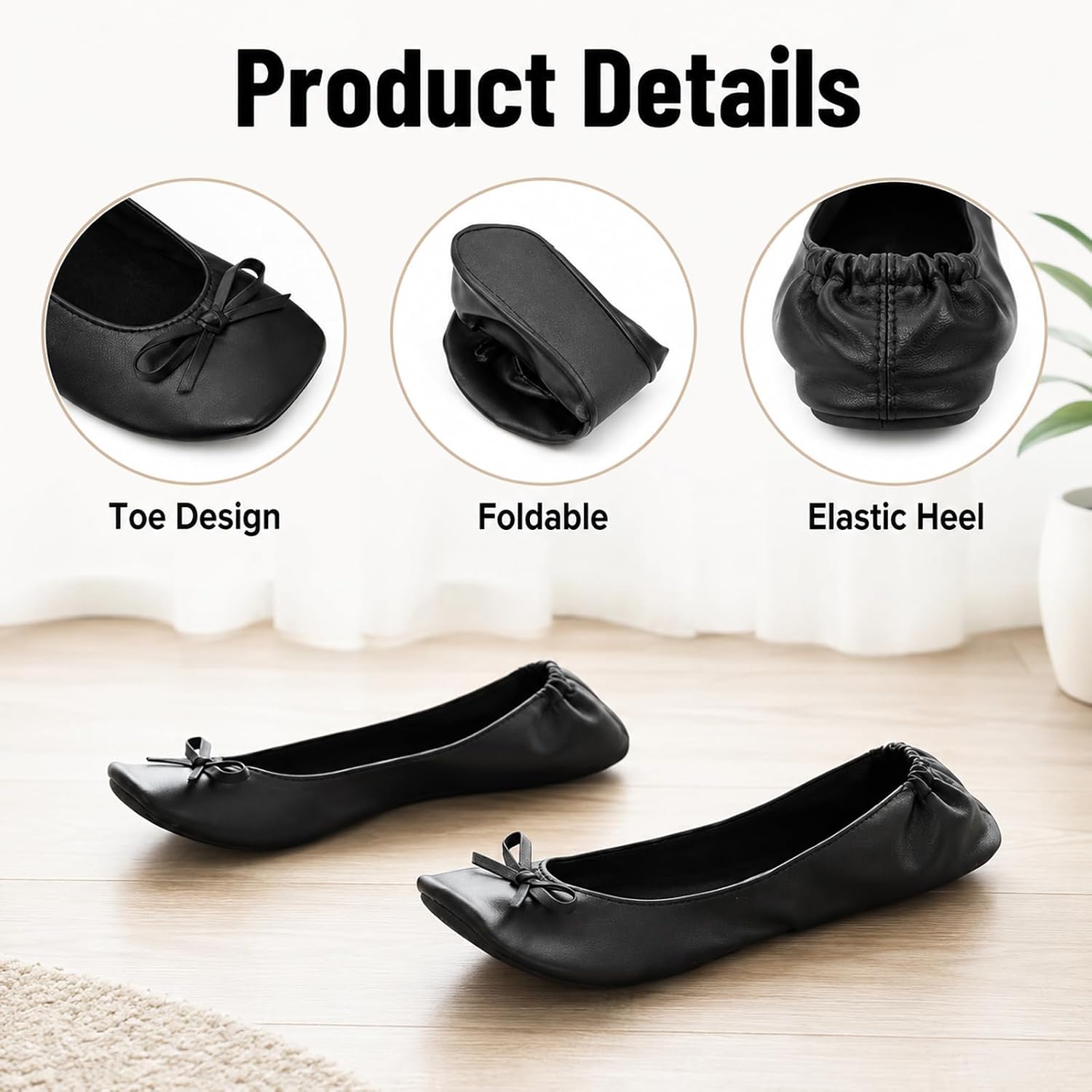 Foldable Flats for Women Black Fold Up-Flats for Travel Office, Ballet Flats Shoes for Purse, with Zipper Pouch, US 8-8.5 (248mm)