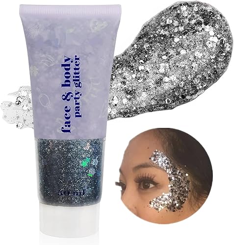 Vista 27 de Go Ho Brillantina azul para rostro y cuerpo, pintura facial azul de Halloween, gel brillante de sirena, lentejuelas gruesas holográficas para ojos
