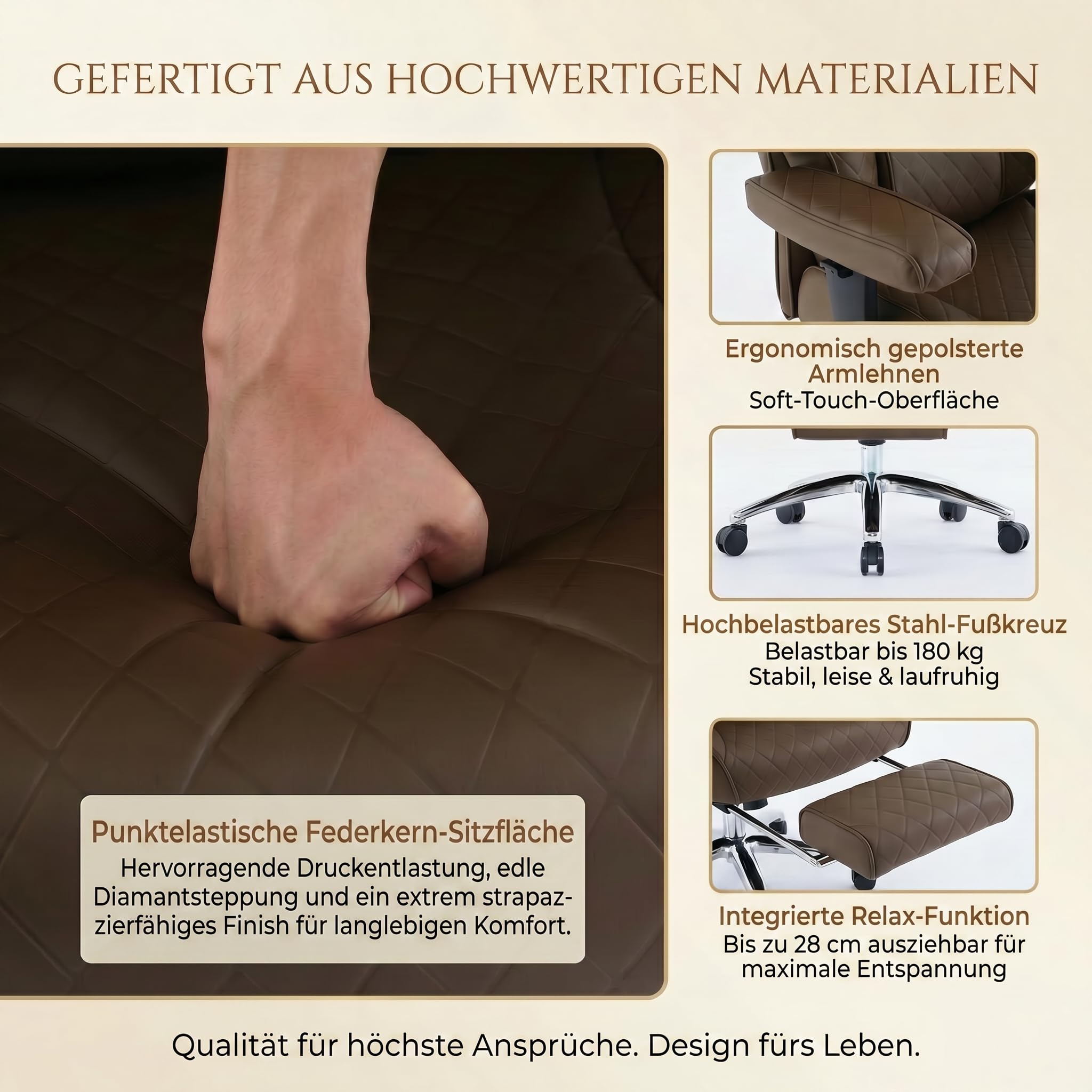 EXCEBET Silla de Oficina Dirección XXL 180kg, Silla de Escritorio Ergonómica con Muelles Ensacados, Asiento Ancho para Sentarse en Cruz, Reclinable 135°, Cuero PU（Marrón）