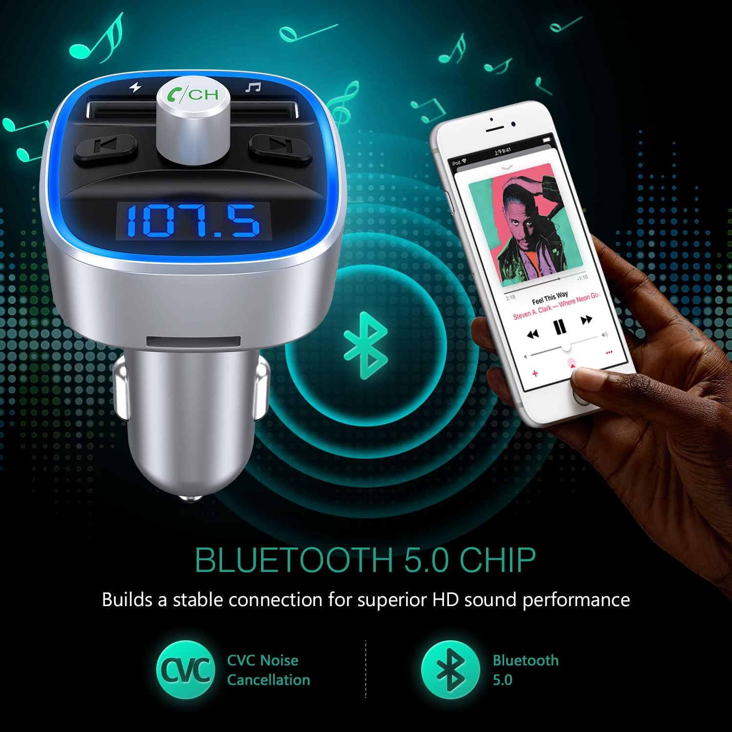 ORIA Bluetooth 5.0 FM Transmitter for Car, [New Version] Wireless Radio