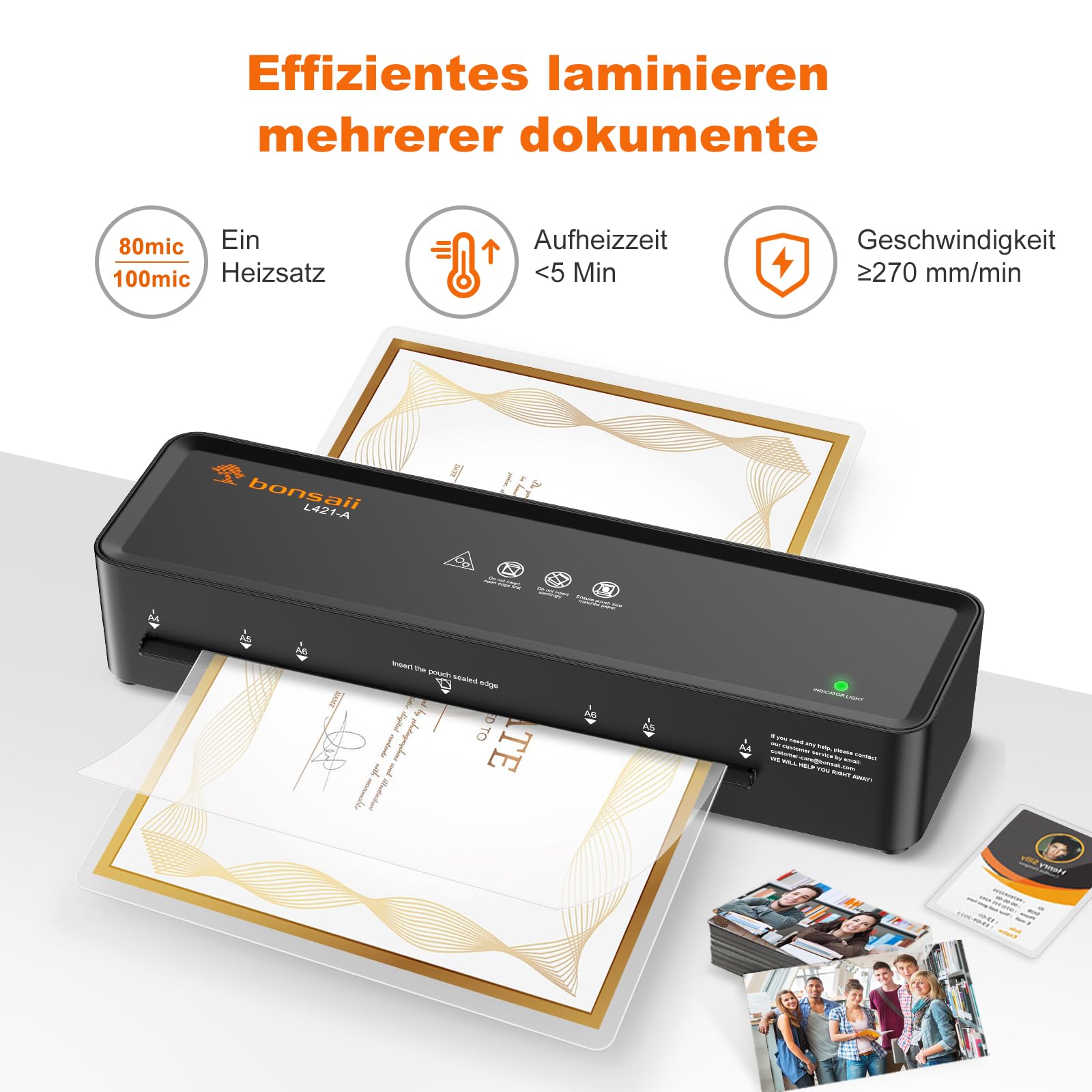 Bonsaii Laminator A4 z odblokowaniem ABS | Dla 80-100 mikronów; łatwe odblokowanie po zacięciu, w zestawie 10 kieszeni A5/A6. L421-AB