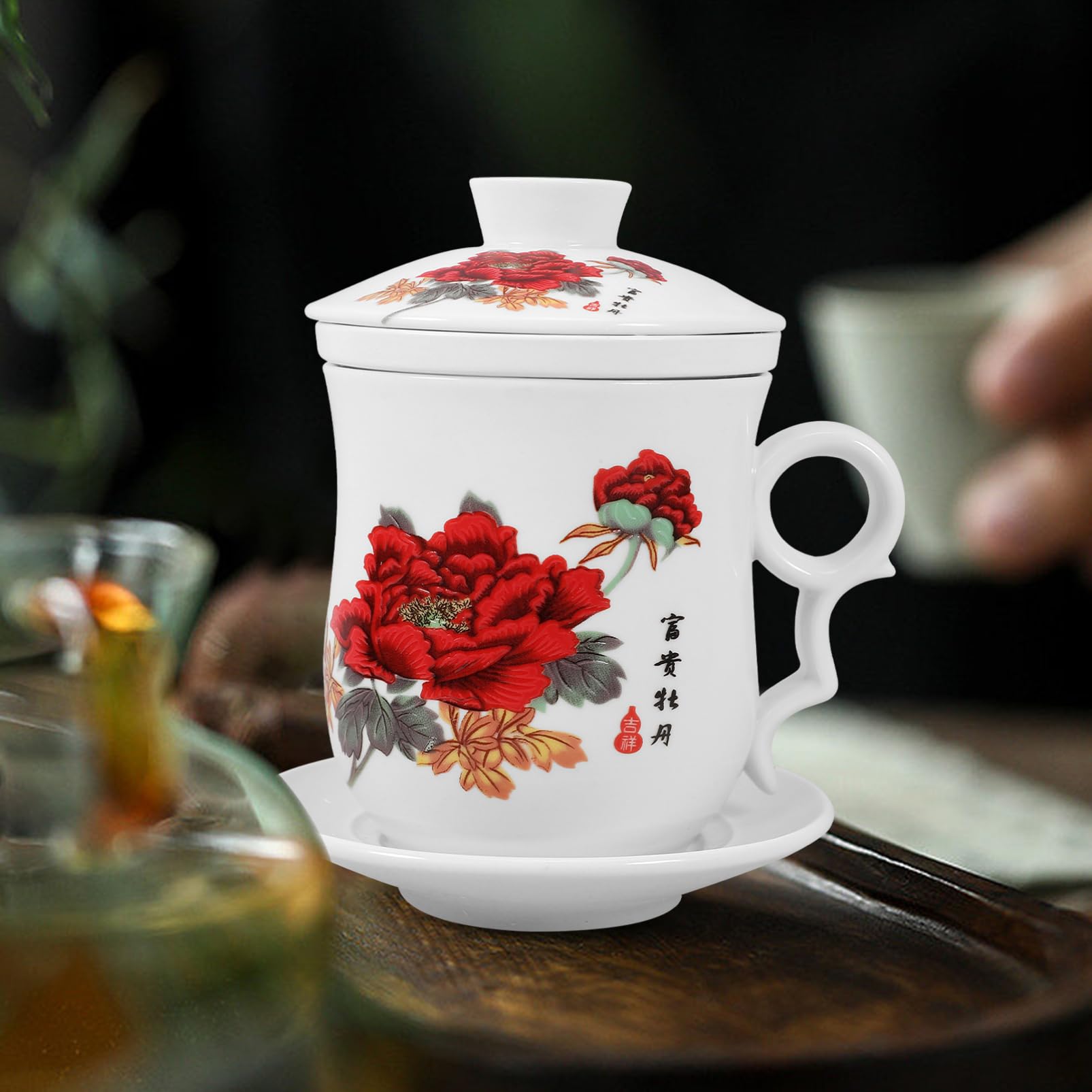 Zerodeko Tasse à Thé et Soucoupe avec Infuseur en Céramique Blanche 320ml Surface Lisse pour Boire Thé aux Fleurs à Bureau