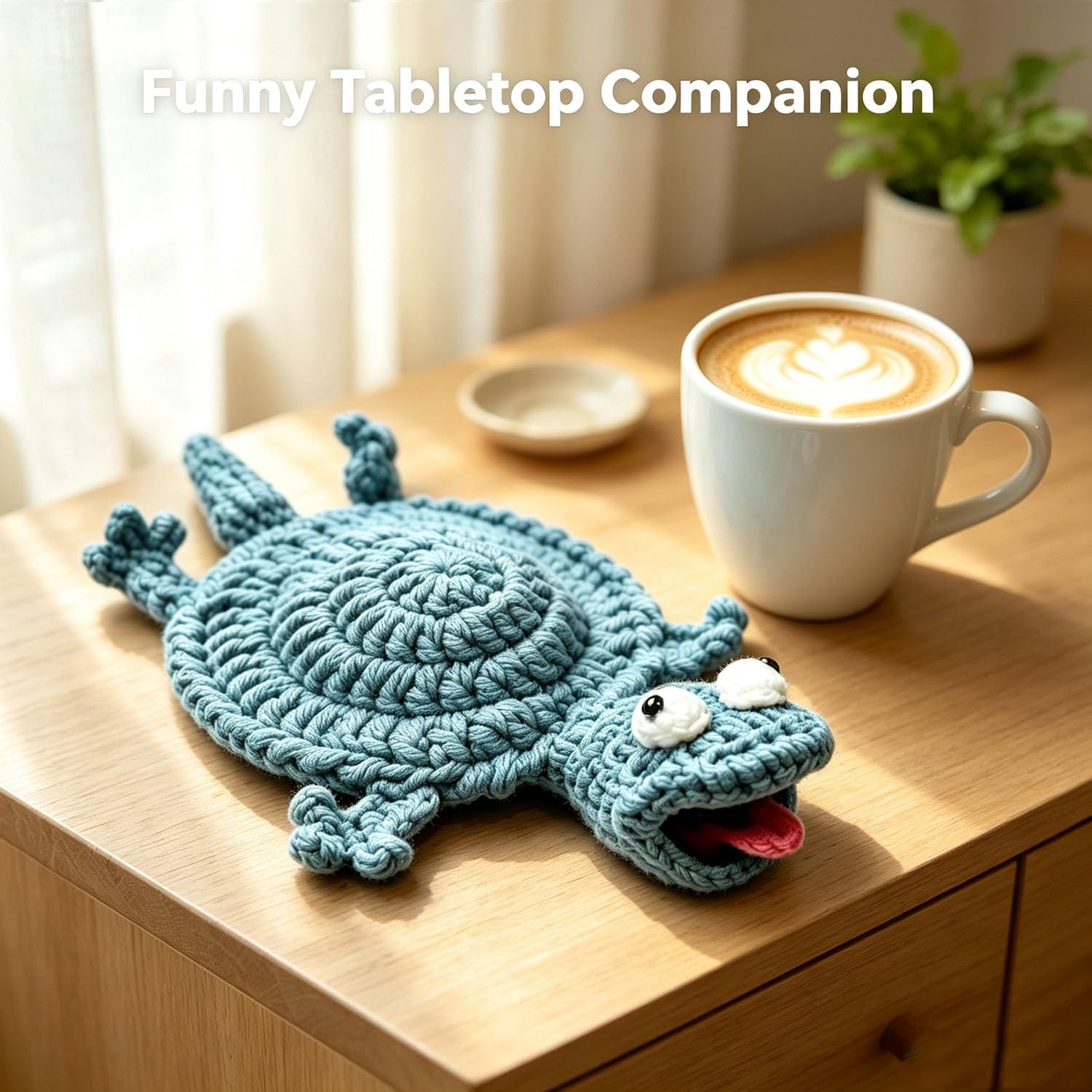 Crochet Lizard Coaster, Funny Crochet Coasters, Funny 3D Animal Mug Rug, Handmade Amigurumi Cup Mat for Desk Table Protection, – Protects Tables from Heat & Scratches – Finished Handmade Blue Coaster