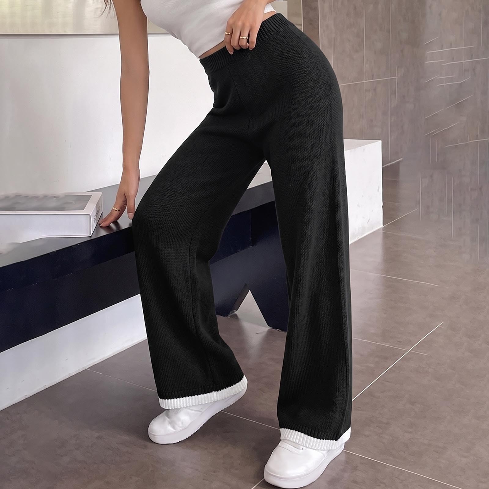 Pantalon Droit Femme Tricot Taille Élastique Bord Contrasté Décontracté Uni