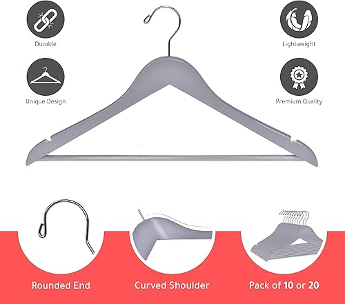 Miniatura 7 de Perchas de madera de calidad, juego de 10 perchas ligeramente curvadas, perchas de madera maciza con elegantes ganchos cromados, perchas para ropa