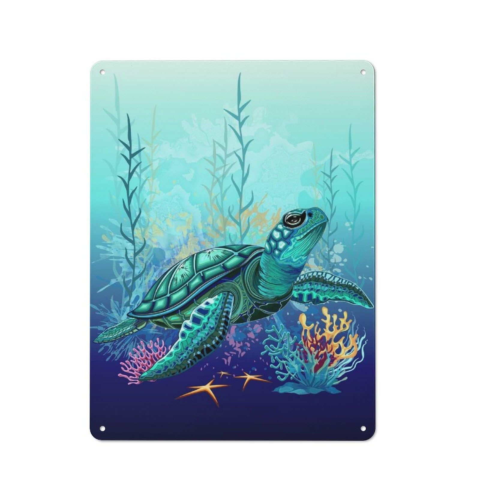 Vintage Metal Wall Art Sign 40x30cm Featuring Sea Turtle Watercolor, Old Style Wall Plaque for Kitchen, Hallway, Bar Or Small Cafe