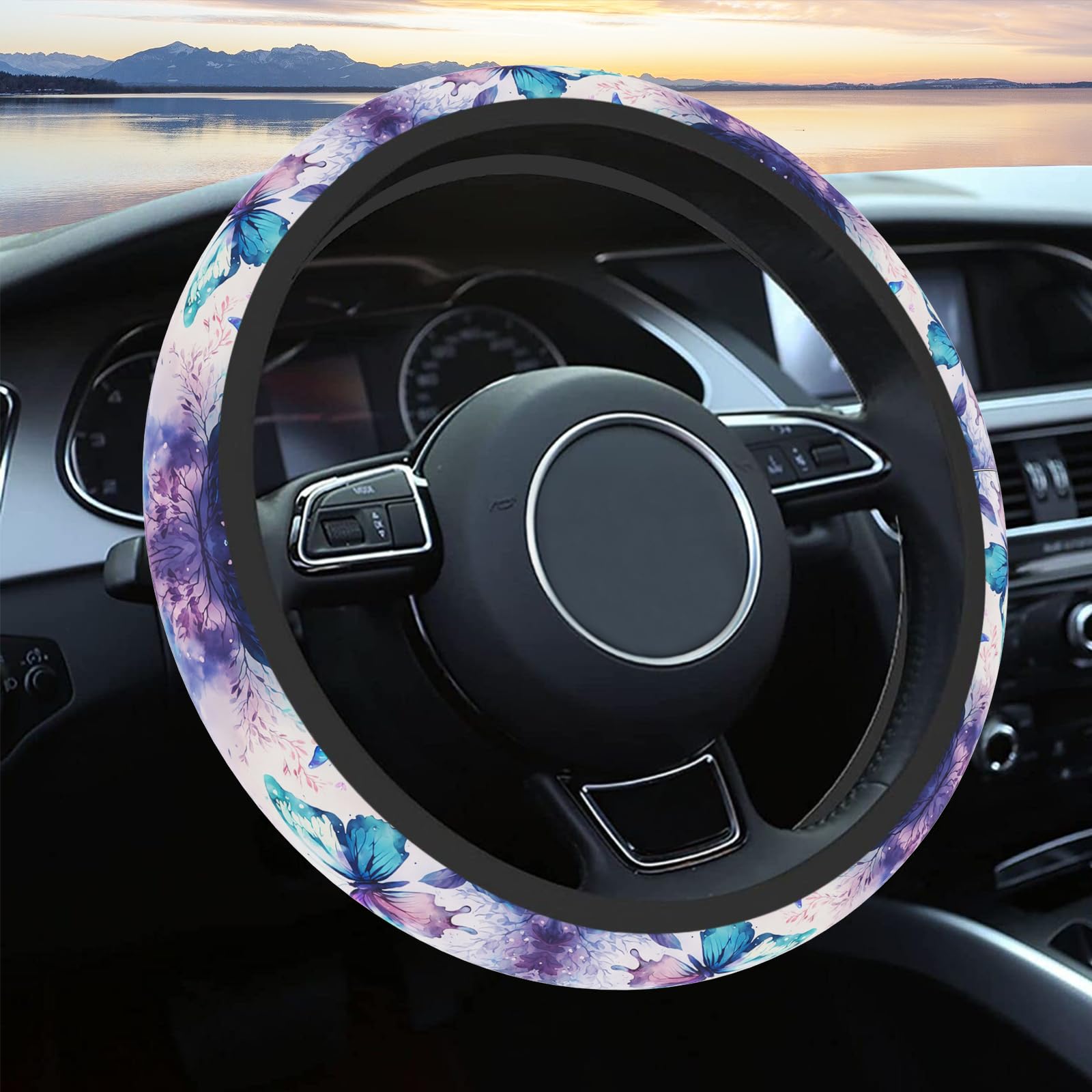 Purple FlowerSteering Wheel Cover Neoprene Material Most Cars Men&Women Universal 15 inch Premium Non-Slip Spring Steering Wheel Protector Floral Cute