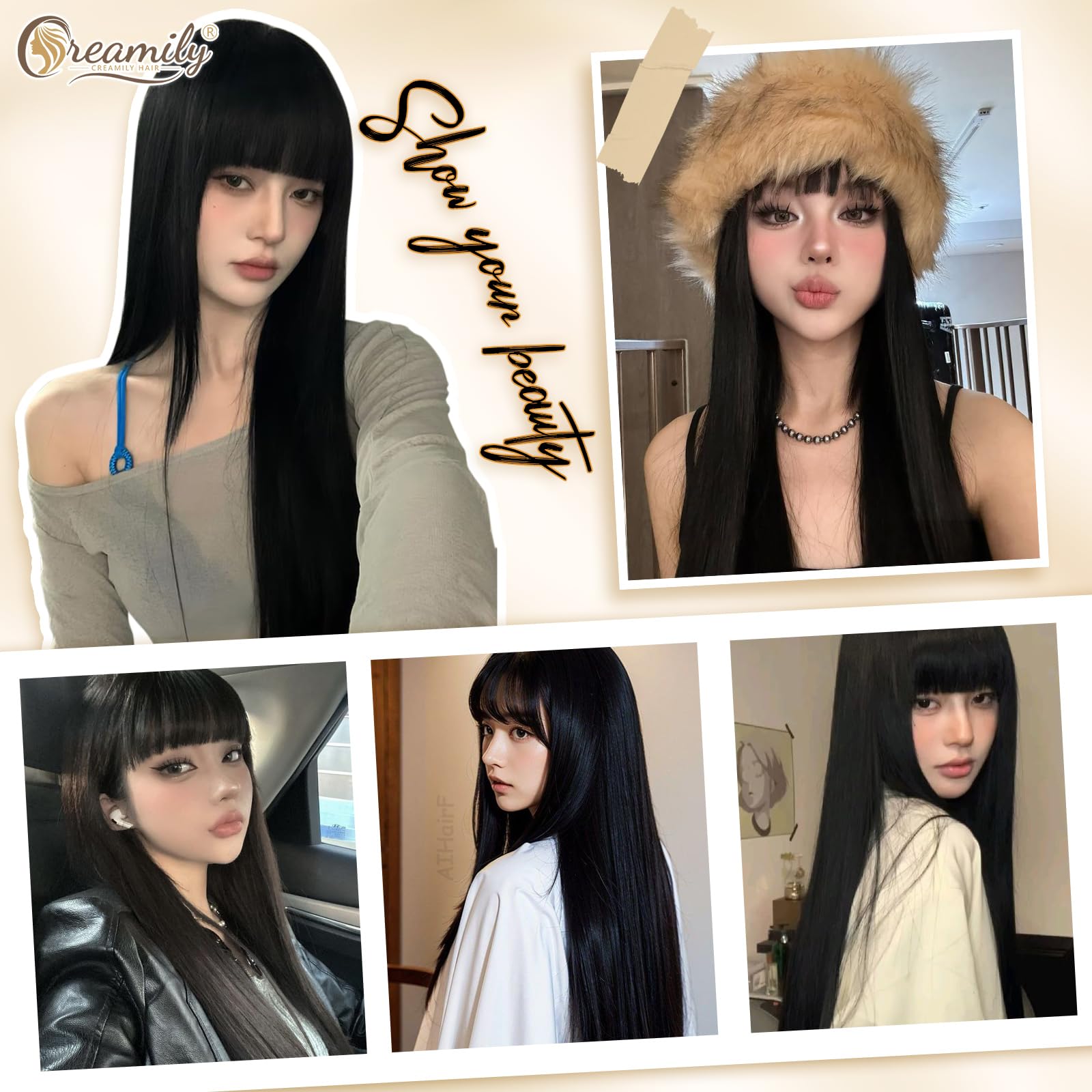 Creamily 40" Long Black Straight Full Head Wigs with Bang for Women | Heat-Resistant Synthetic Hair Wigs for Women with Natural Shine | Extra-Length Hair Wig for Women Ideal for Indian Festivals/Weddings/Daily Use (Black, 40 inch) 3