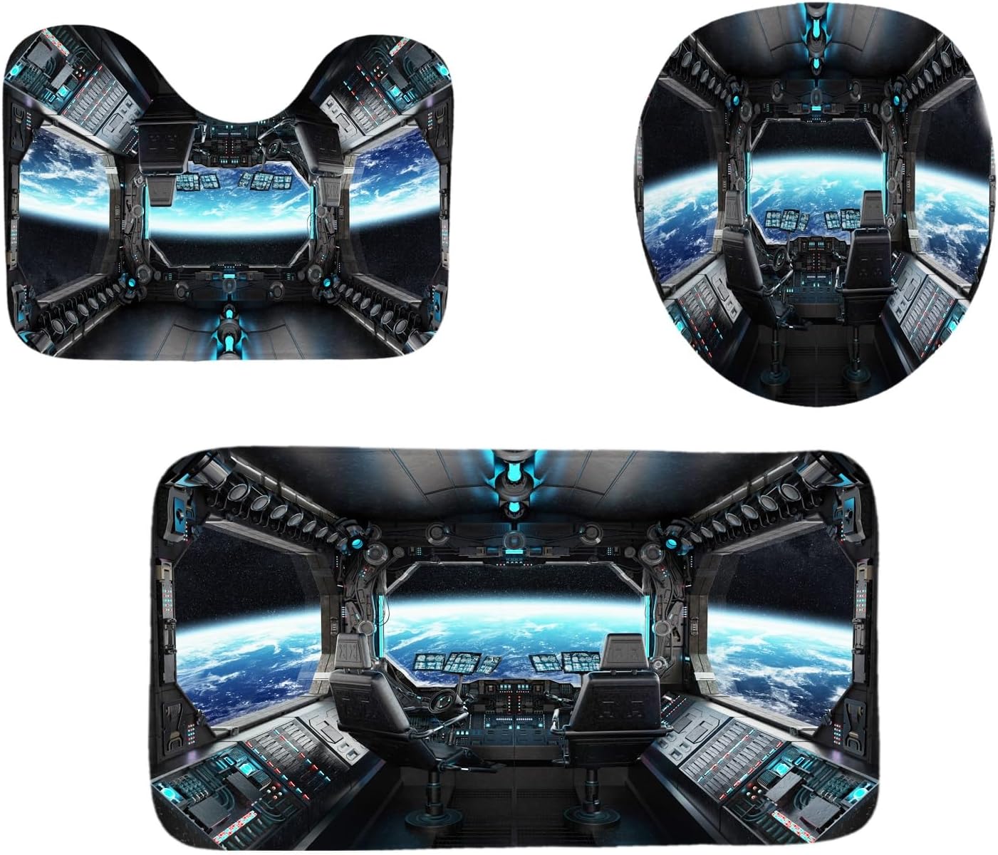 4Pcs Spaceship Interior Shower Curtain Planet Earth Galaxy Futuristic Science Spacecraft Cabin Shower Curtain Sets for Kids Boy,with Non-Slip Rugs,Toilet Lid Cover and Bath Mat and 12 Hooks,72x72Inch