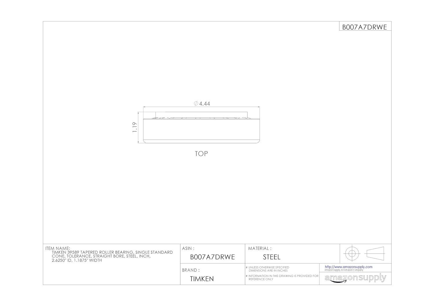 Timken 39589 Tapered Roller Bearing, Single Cone, Standard Tolerance, Straight Bore, Steel, Inch, 2.6250" ID, 1.1875" Width