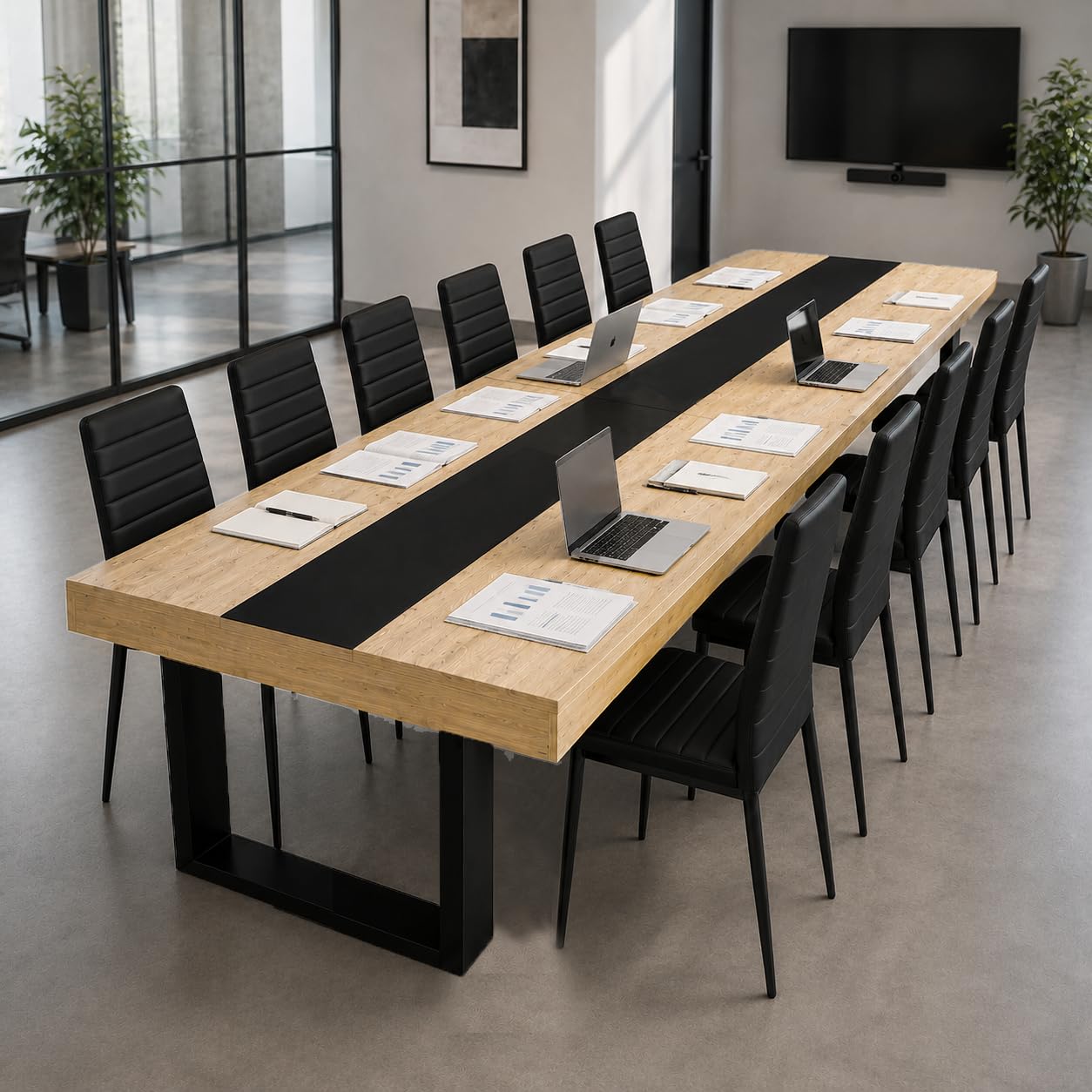 Mesa de Comedor Madera Haya Mesa Cocina 4 a 6 Personas 160×80×75cm | La franja central negra y el marco grueso crean un estilo industrial mientras dos bastidores de madera en U aportan apoyo