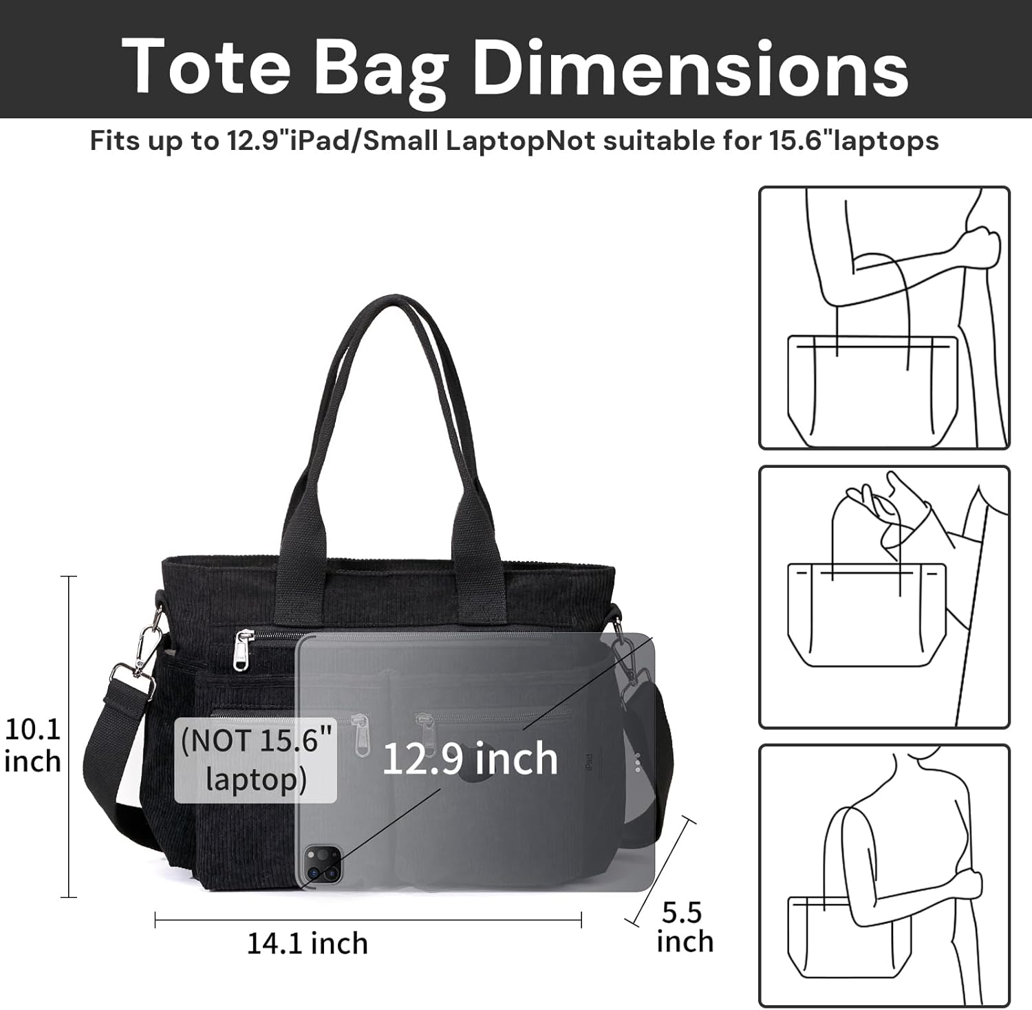 YDF Corduroy Tote Bag for Women Crossbody Purse with Zipper, Aesthetic Multi Pocket Work School Bag, Gifts for Mom Teacher - Image 3