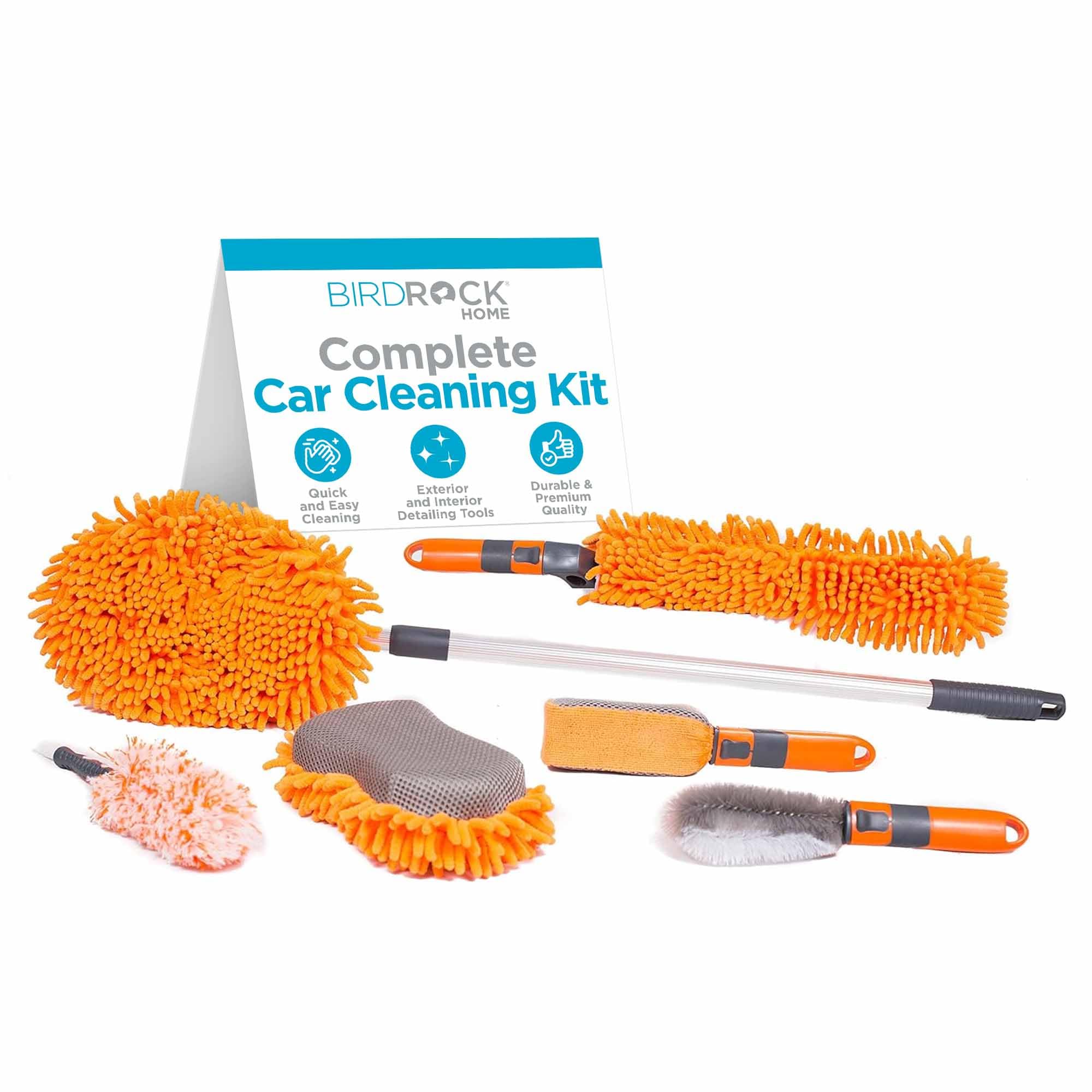 BirdRock Home Car Wash and Detailing Kit | Includes 6 pcs | Exterior and Interior Cleaning | Wheel Brush | Sponge | Duster | Extendable Cleaning Tool