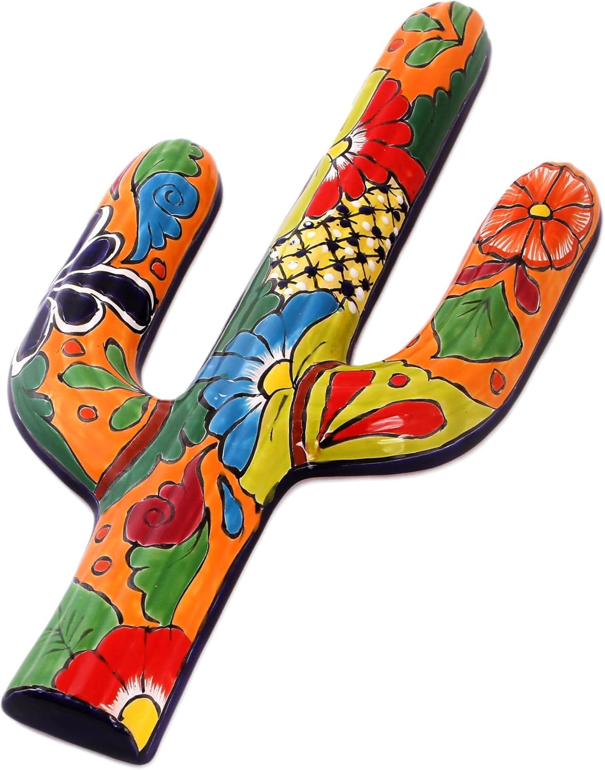 NOVICA Artisan Handmade Ceramic Wall Sculpture Floral Cactus Talaverastyle Multicolor Mexico Decor Art Nature [16.25in H x 7.75in W x 1.2in D] ' Desert Saguaro'