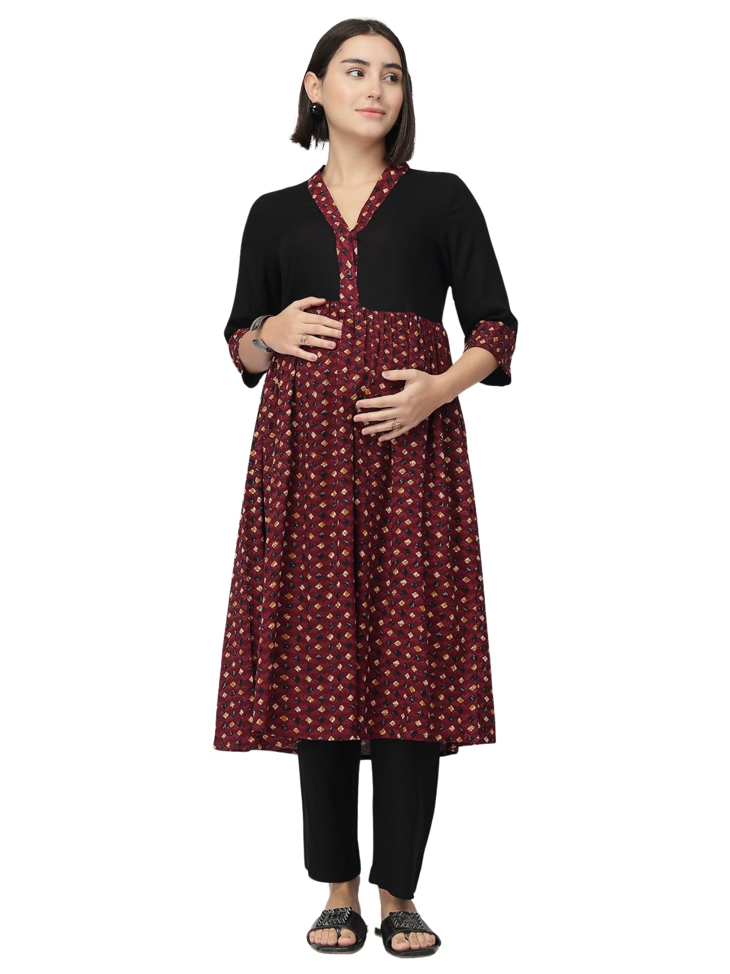 Maternity & Nursing Kurta Set for Women | A-Line Feeding Kurti Set with Button Closure | V Neck 3/4 Sleeve Festive Pregnancy & Postpartum Wear with Pockets-image-49