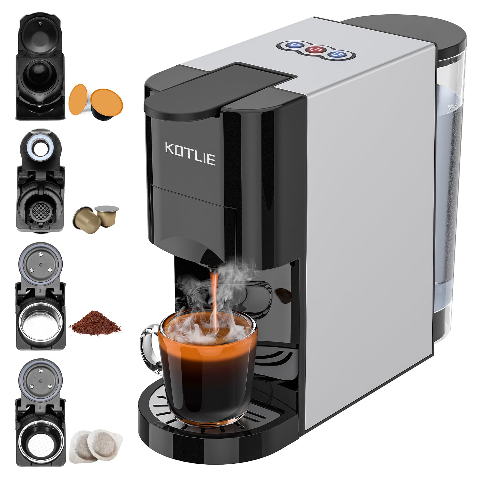Expreso 4 en 1 Cafetera de Capsulas para Dolce Gusto/Nespresso Original/Ground/ESE Pods,19 Bar Alta Presión Apagado Automático Depósito Cafetera Capsulas (Negro) AC-513K