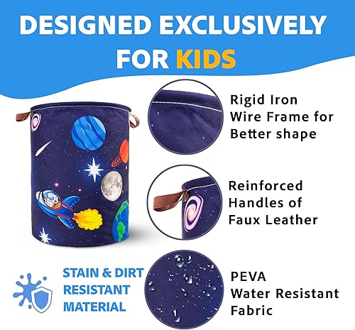 Miniatura 2 de Cesta de lavandería para niños, tema de cohete espacial de astronauta, impermeable, plegable con asas, cesta de lona para cuarto de bebé de 45 L,