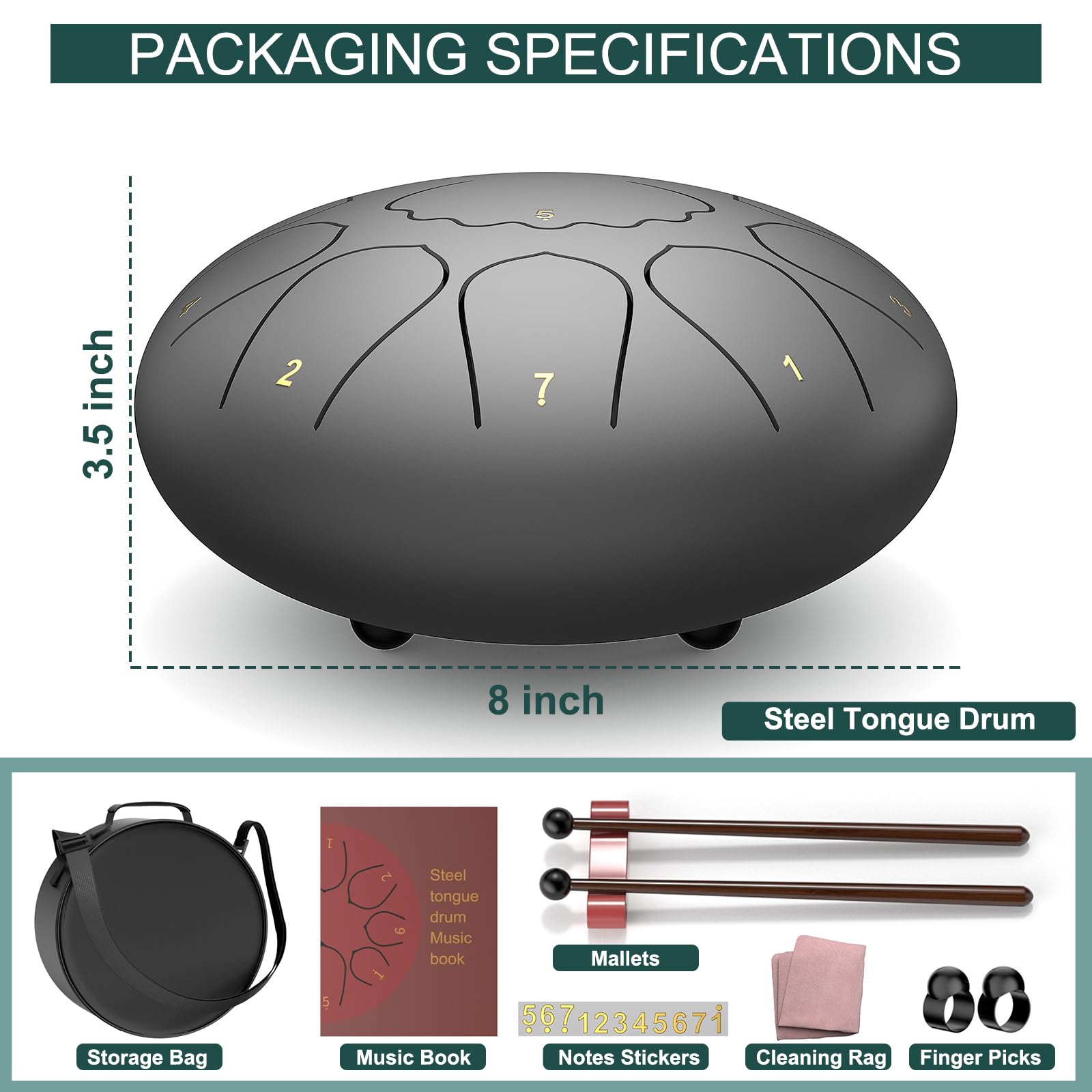 Rain Drum for Outside Garden, 8 Inches 11 Notes Steel Tongue Chakra Drum, Waterproof Meditation Rain Chime, Musical Instruments for Adult Gift with Bag, Music Book, Mallets (Black) 2