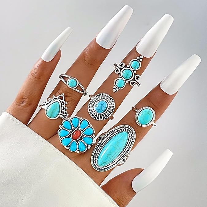 HUASAI Turquoise Ring Set for Women Western Jewelry Silver Statement Vintage Rings Stackable Knuckle Thumb Boho Jewelry for Western Outfit Holiday Gift