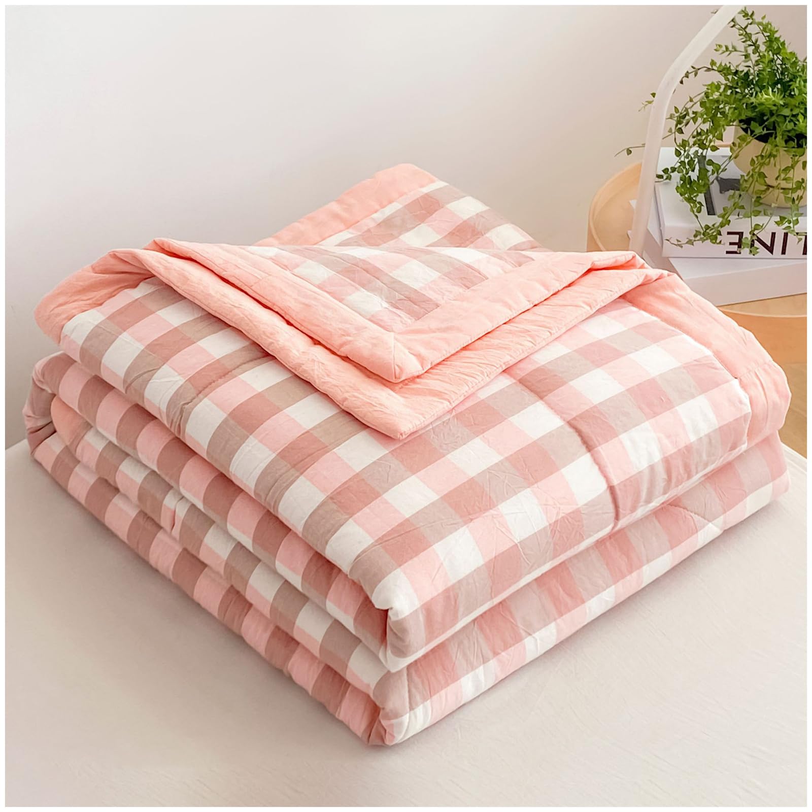 Gofohimi H New Modern Air Condition Cotton Quilt - Lightweight Blanket Quilted Spring/Summer Thin Quilt Cotton Breathable Comforter Plaid Print Quilts Bedspread,,200X230cm