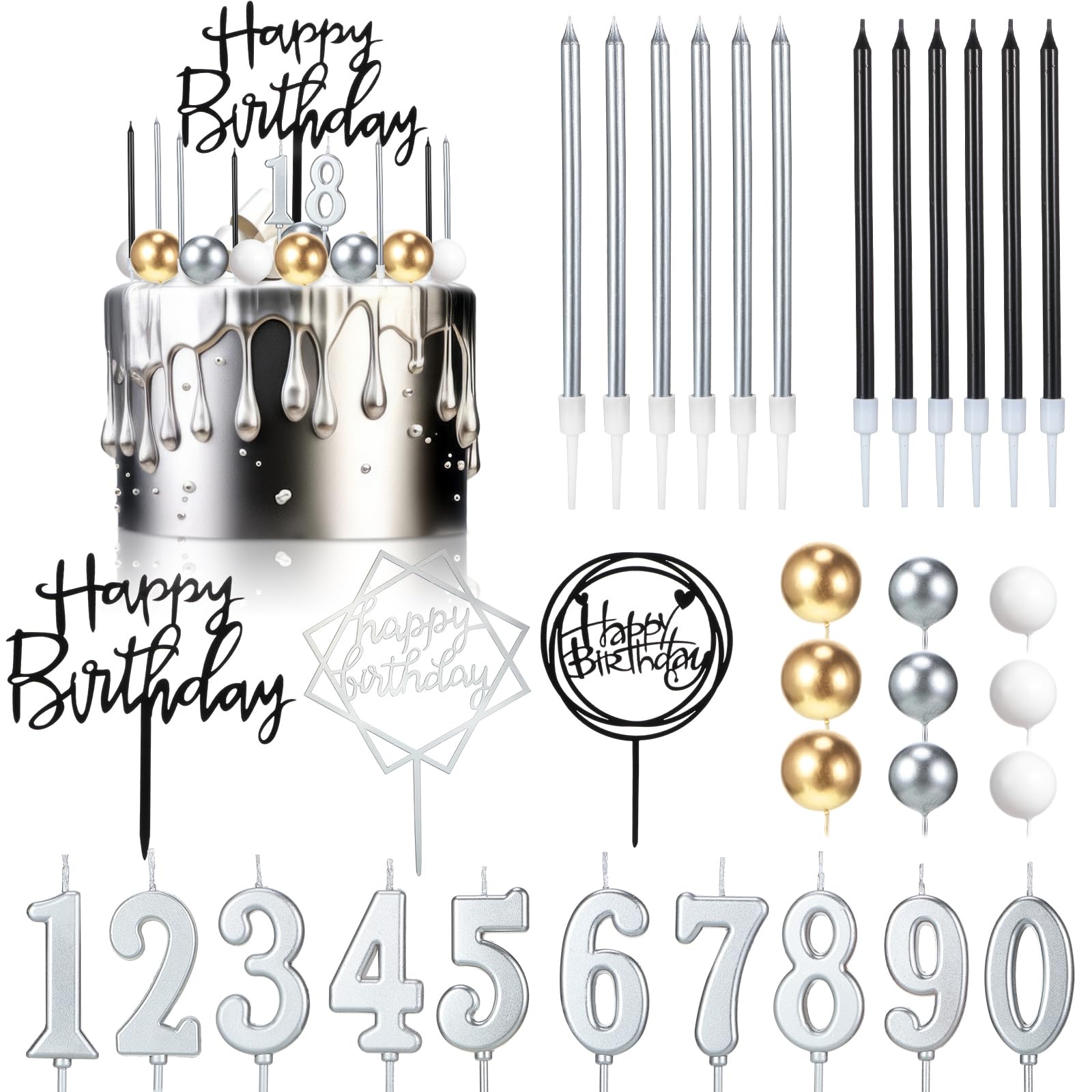 Yerliker 34 Pcs Happy Birthday Cake Toppers Decorations Birthday Candles DIY Cake Decor for Men Women Wedding Anniversary(Gold Silver White)