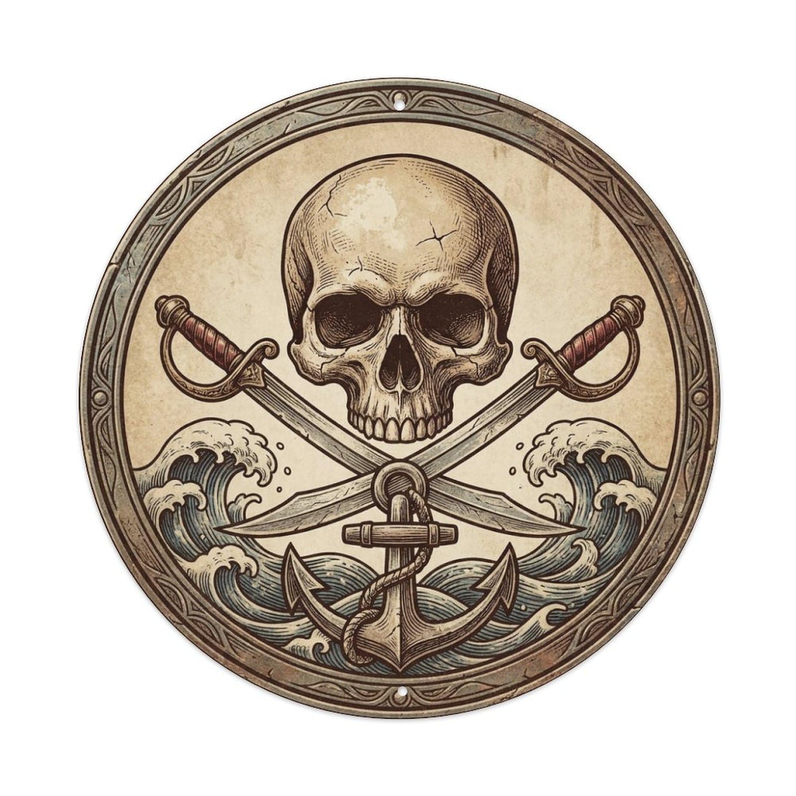 Buccaneer Mark Skull Sabers Anchor Pirate Ship Emblem Metal Tin Sign