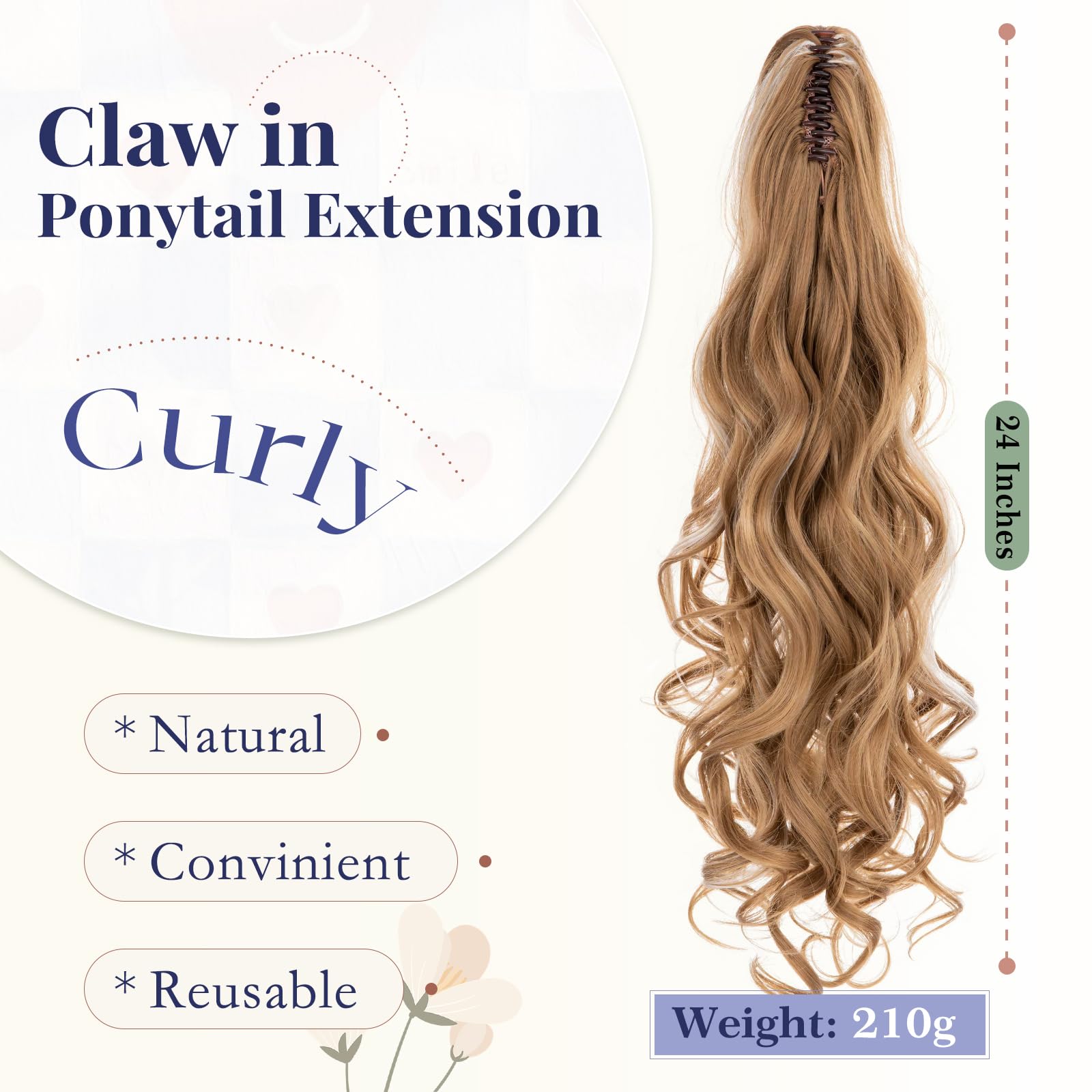 TESS 24'' Curly Ponytail Extensions, 210g Claw in Long Ponytail Extension, Hair Pieces for Women Light Auburn With Beige Highlighted - Image 2