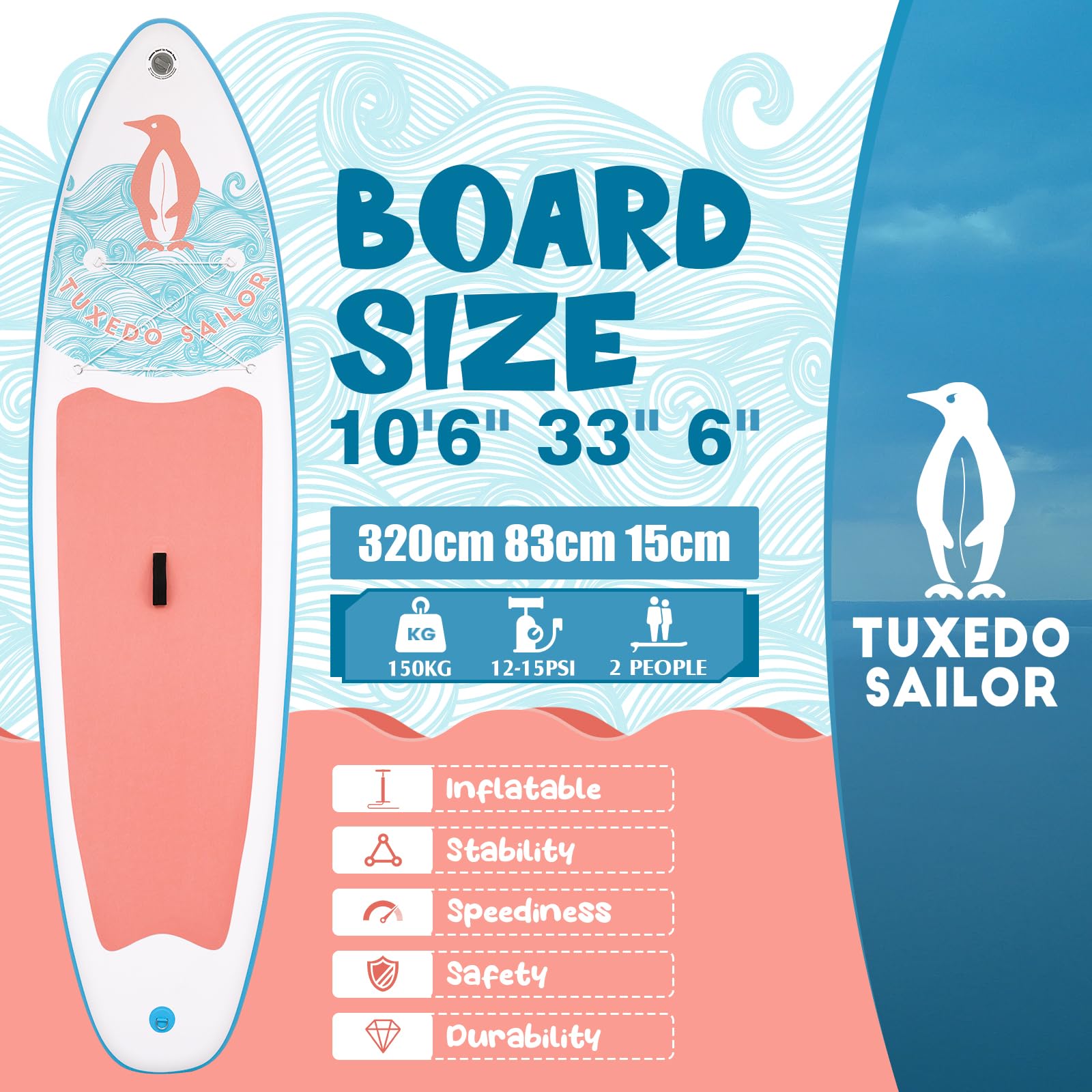 Tuxedo Sailor SUP Gonfiabile Adulti 320 cm Stand Up Paddle Board, Tavola da SUP Paddle Board con Accessori, Tavola Gonfiabile 2 Posti