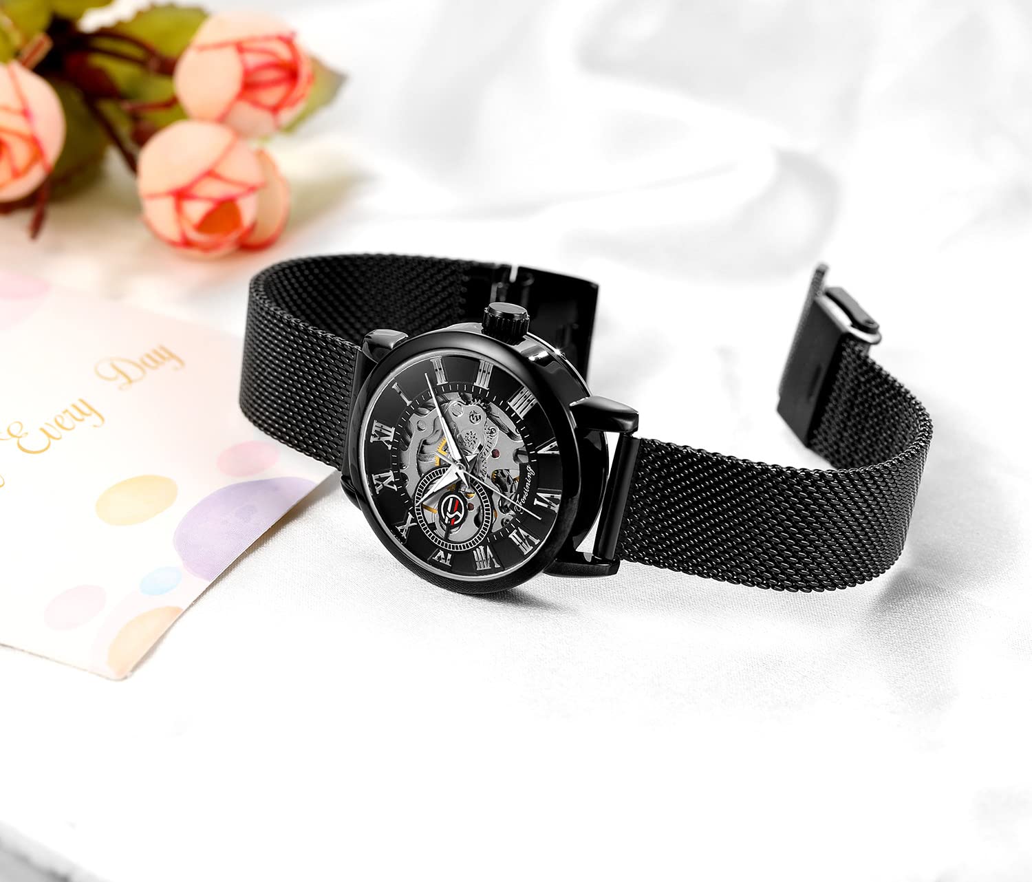 Gosasa Orologio da polso da donna con scheletro, alla moda, meccanico, a carica manuale, cinturino in rete, numeri romani, casual, orologio da polso