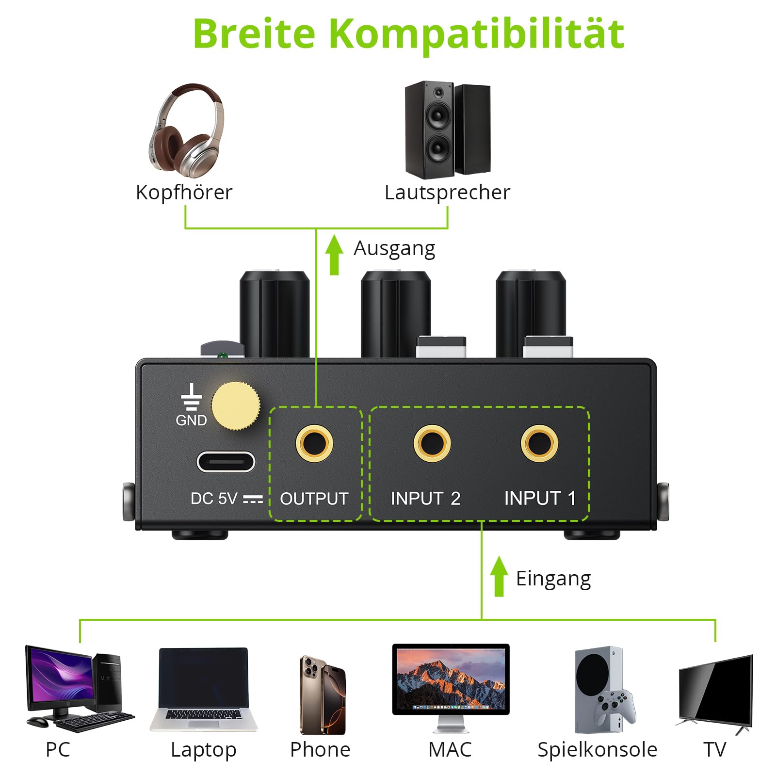 LiNKFOR Mini Audio Mixer Activemischer Mischpult 2 Kanal Stereo Audiomischer mit 1 Ausgang 3.5mm Audiomischpult Netzteil Geräuscharm, Unabhängige Lautstärkeregelung für Laptop,Mac,TV,Spielkonsole