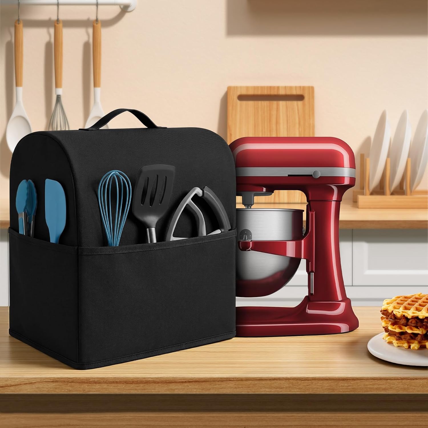 Stand Mixer Dust Cover Compatible with Kitchenaid 6/7/8 Quart Bowl Lift, Water-resistant Kitchen Aid Mixer Cover with 3 Pockets for Accessories (Black)