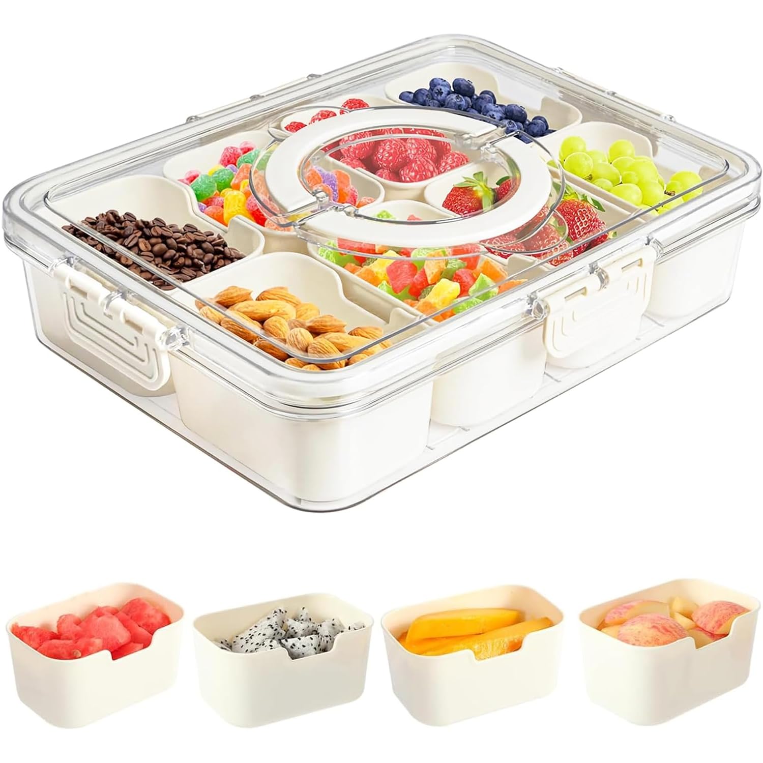 hjwanyin Snackle Box, Divided Snack Tray with Lid and Handle, Tray 8 Removable Compartment Box, Reusable Snack Boxes for, Spices, Candy, Fruits, Nuts, Chips and Dip