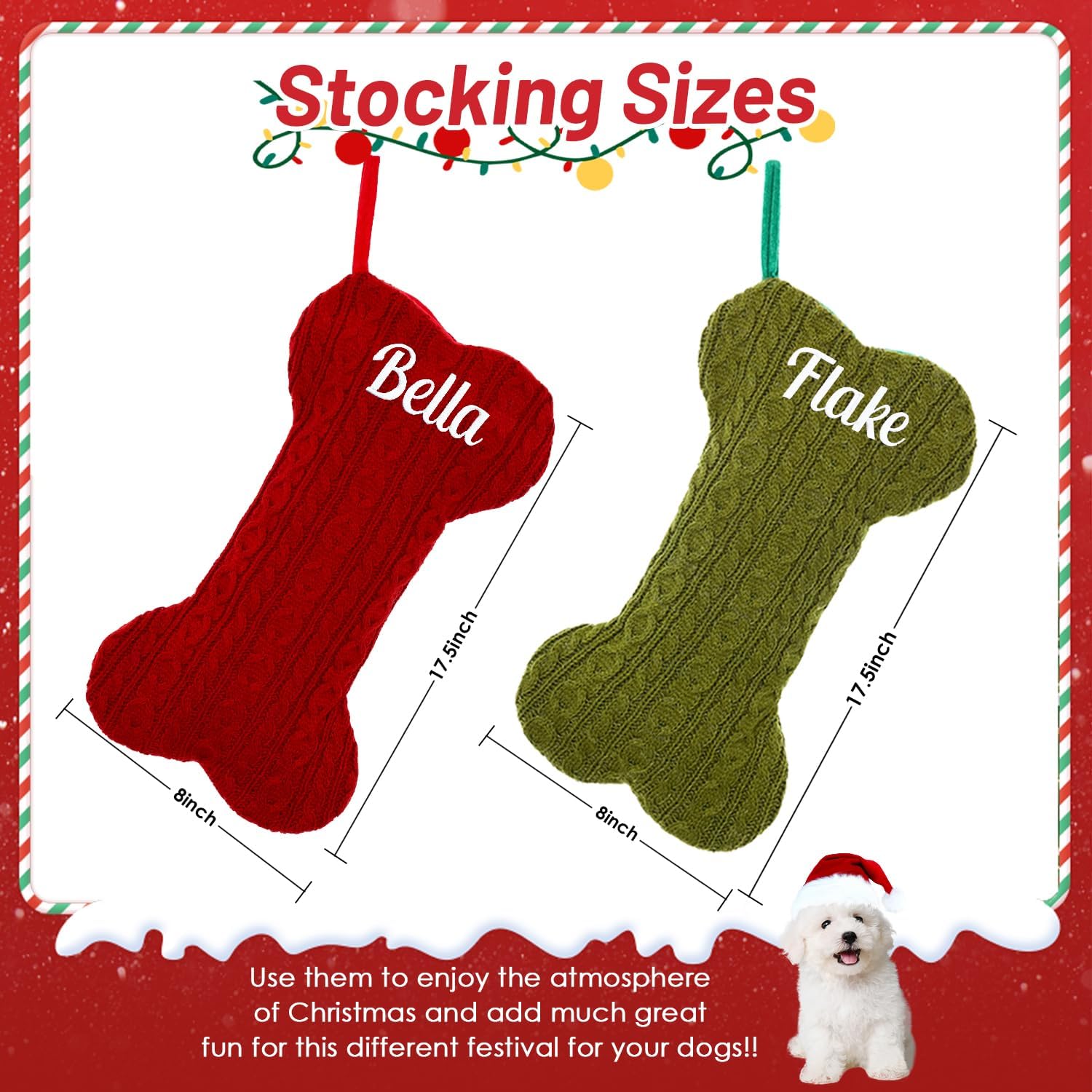 Ulico Personalized Pet Christmas Stocking, Large Custom Embroidered Name Stocking for Dogs Cats,Bone Shape Stockings,Xmas Decorations Fireplace Hanging Stockings Family Holiday Stockings （3 pcs）