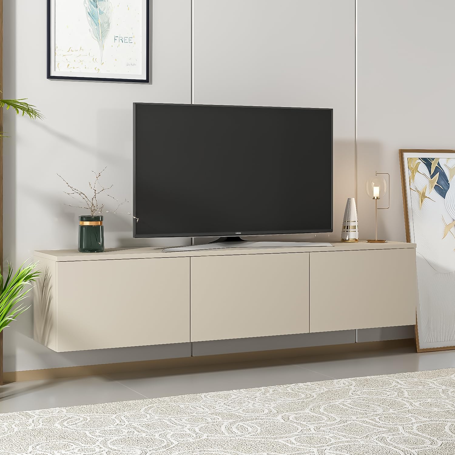 Homidea Levante Hängendes TV Lowboard 160 cm – Wandmontiertes TV-Board mit Klapptüren, Modernes TV-Möbel für Wohnzimmer (BEIGE)